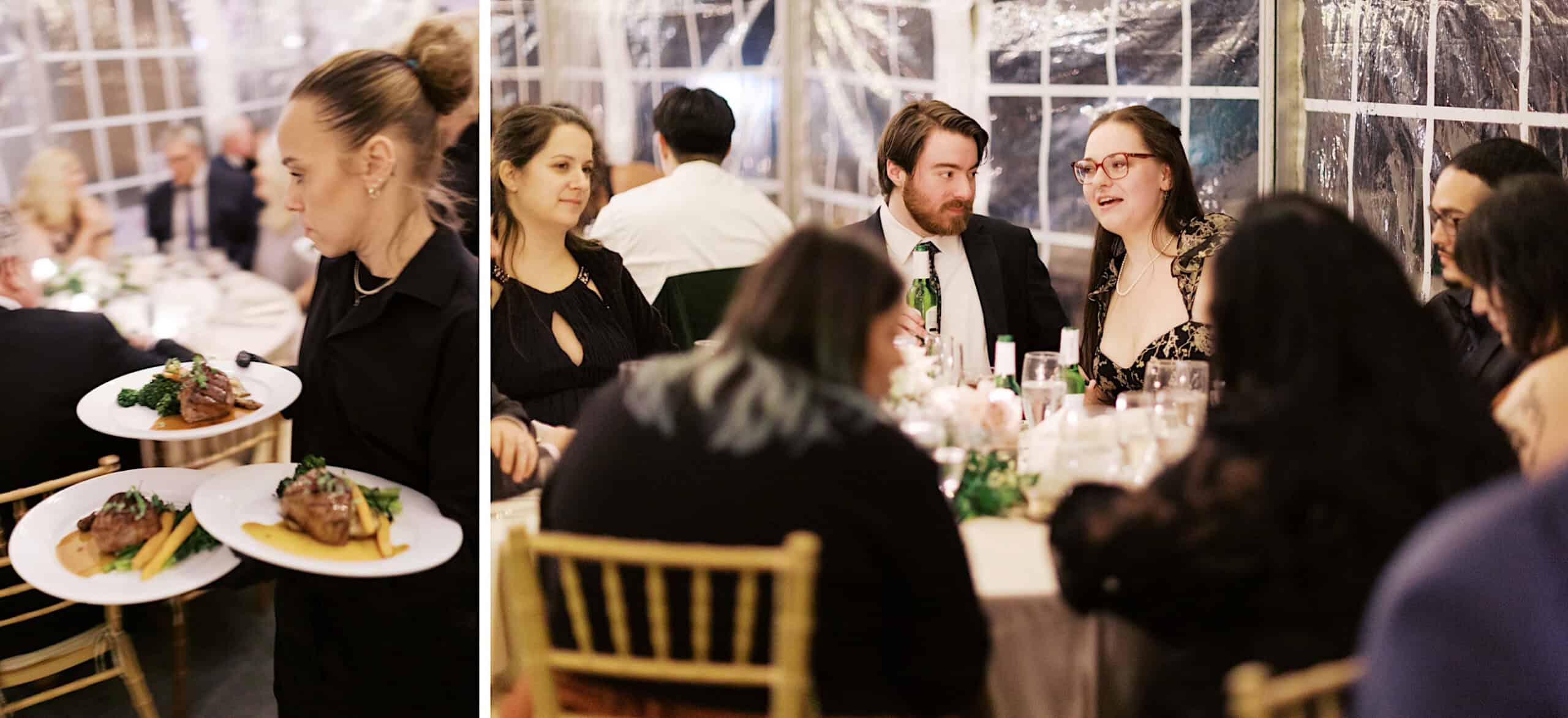 A server carries plates of steak and vegetables to a table where guests in formal attire are engaged in conversation at an elegant Cairnwood Estate Wedding.