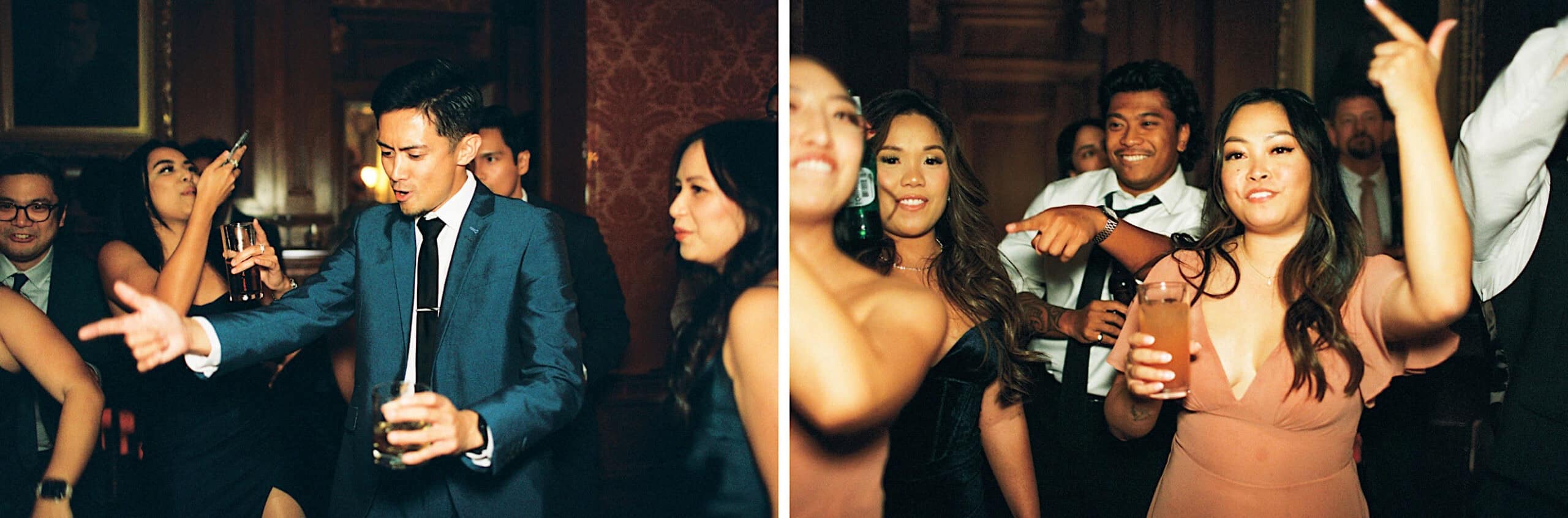 Two photos capture groups of people dressed formally, dancing and holding drinks at an indoor event, radiating the joy and sophistication of an elegant Cairnwood Estate Wedding.