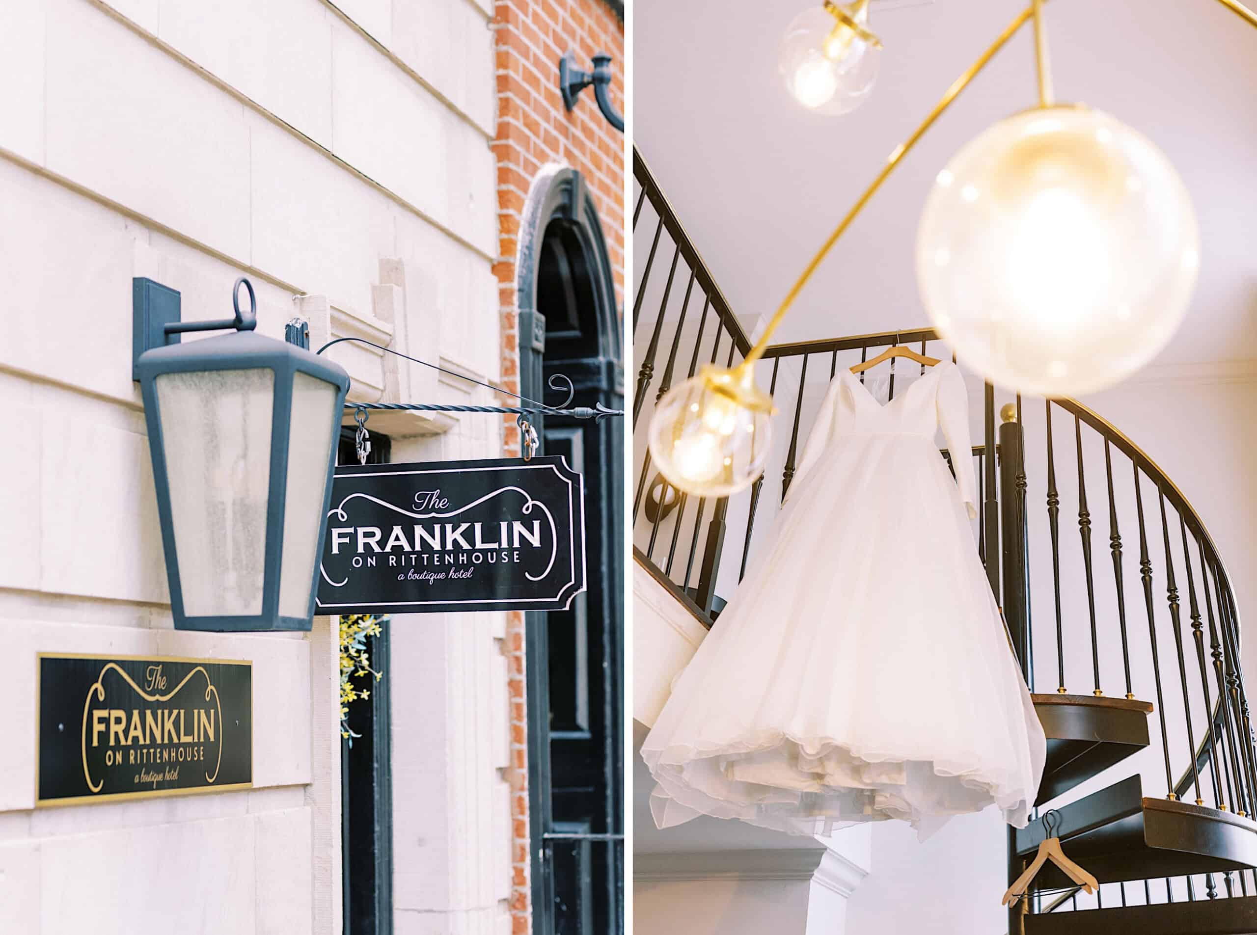 Left: Exterior sign for The Franklin on Rittenhouse. Right: White bridal gown hanging near a spiral staircase under modern light fixtures, perfect inspiration for a stylish Franklin Institute wedding.