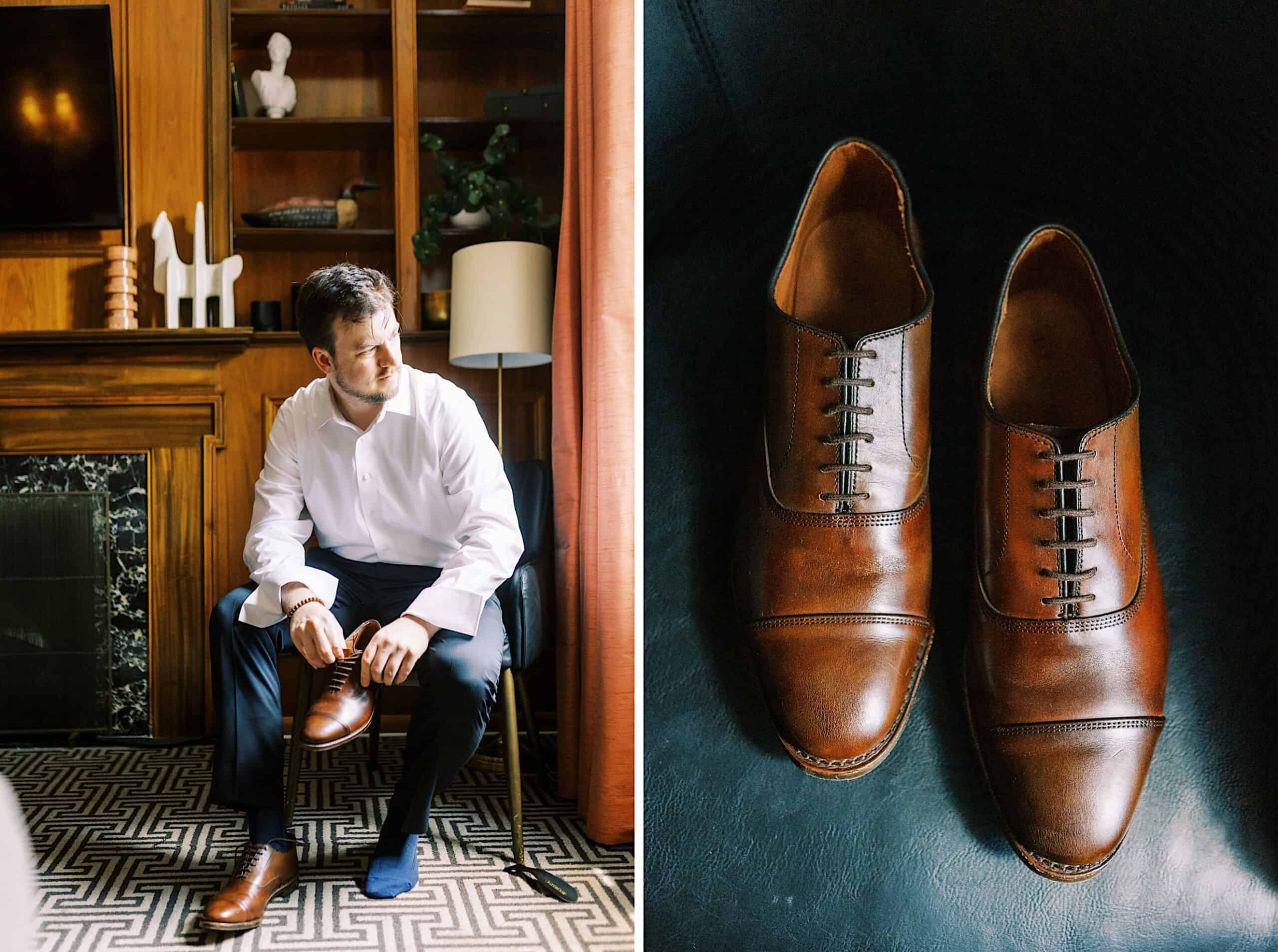 A man in a white shirt puts on brown dress shoes in a room with wooden shelves, preparing for his Franklin Institute wedding; close-up of the shoes is shown on the right.