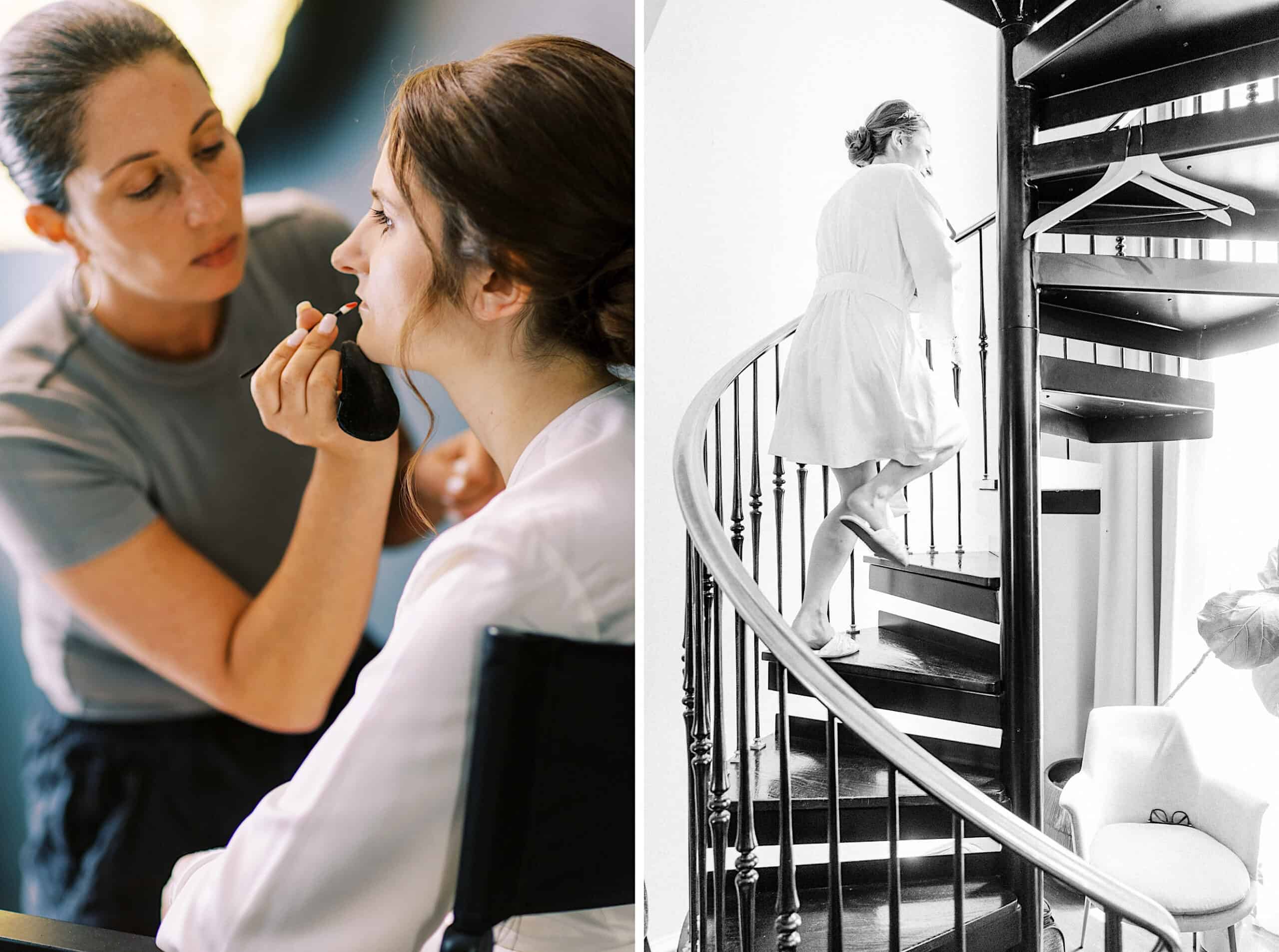 A woman has her makeup done by a makeup artist; in the next image, she walks up a spiral staircase in a robe, preparing for her Franklin Institute wedding.