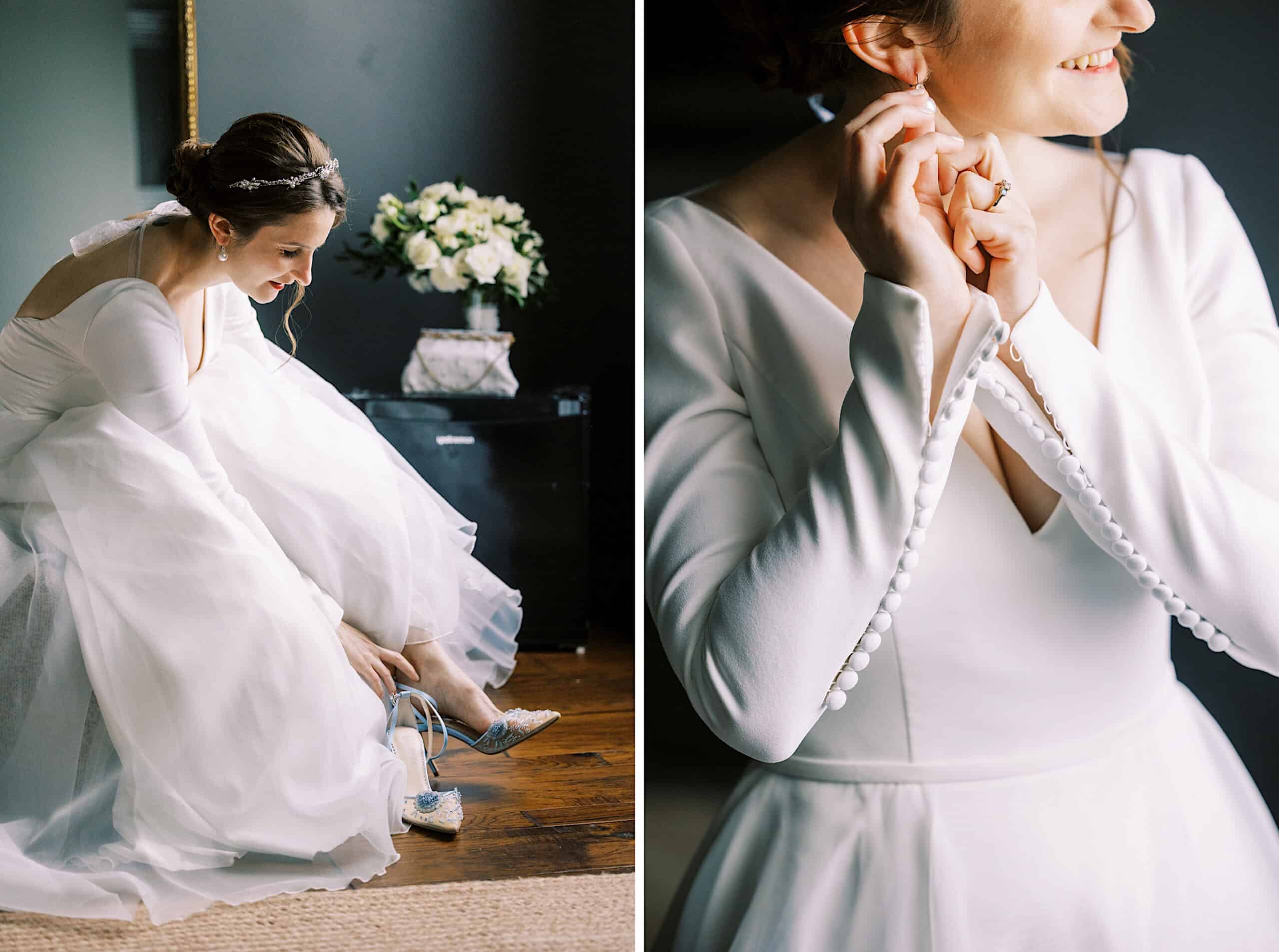 A bride in a white dress puts on her shoes and earrings, preparing for her beautiful Franklin Institute wedding day.