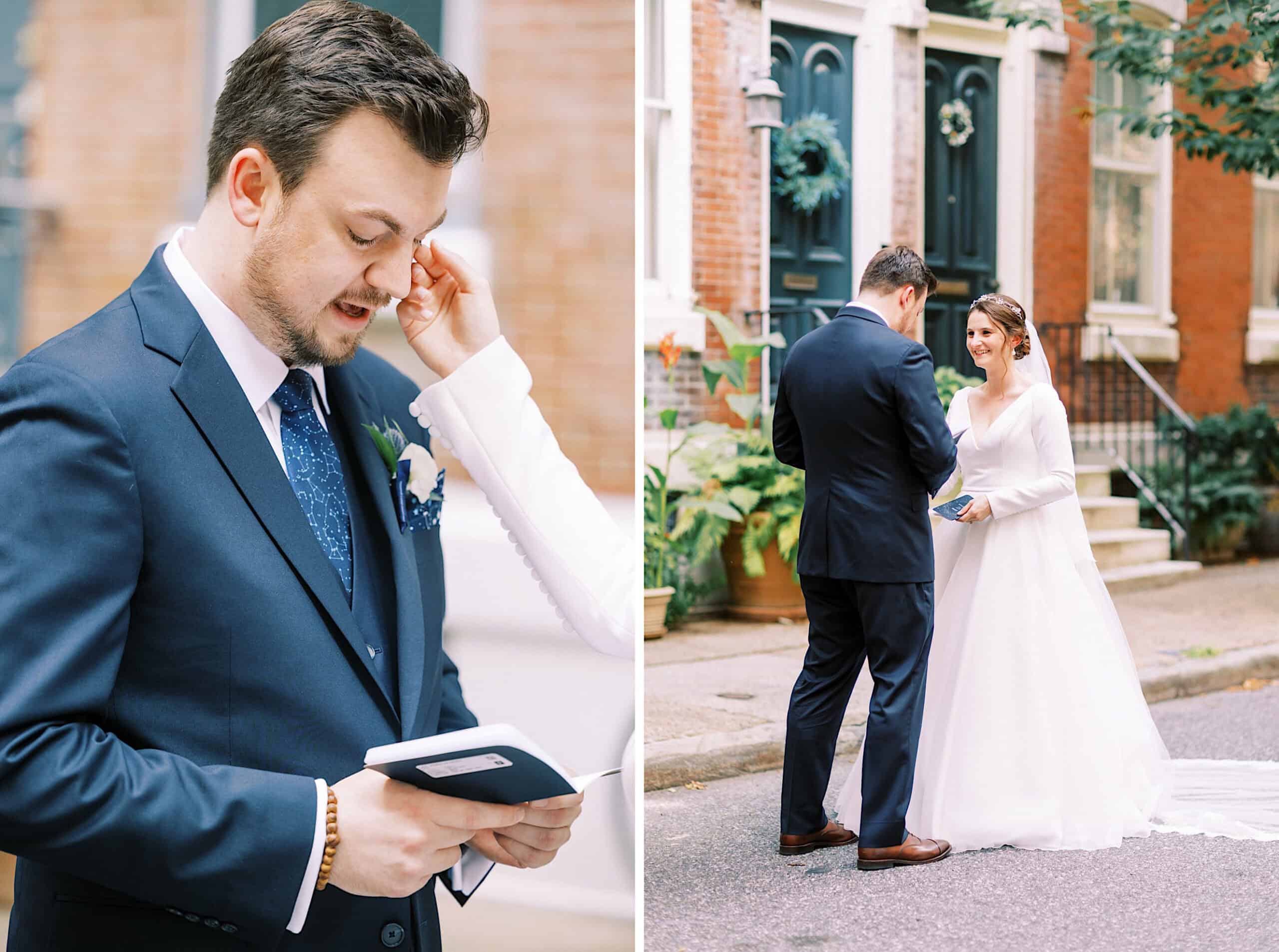 Groom wipes away a tear while reading vows, as the bride and groom stand facing each other on a city street during their Franklin Institute wedding ceremony.