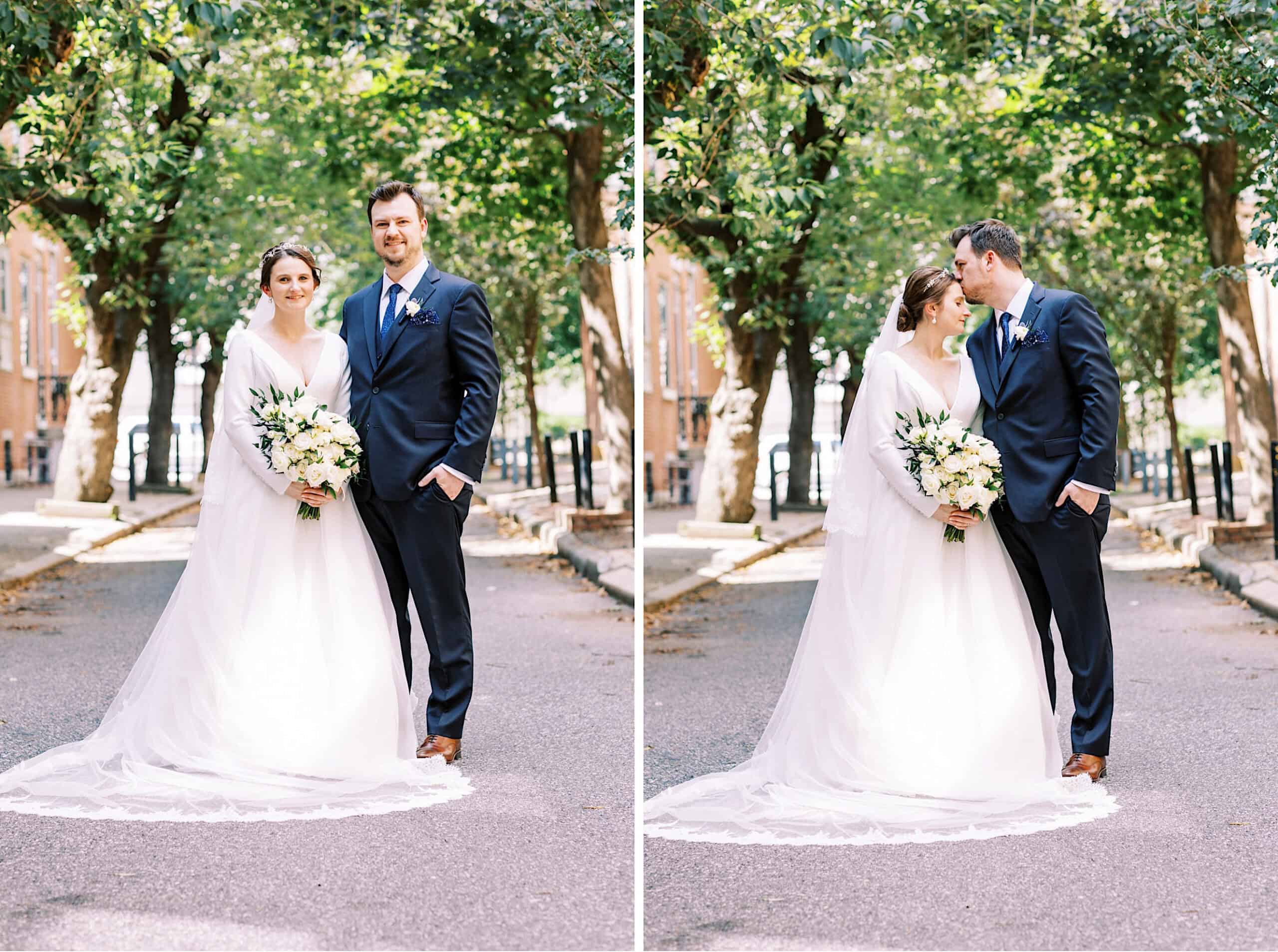 A bride and groom stand together outdoors on a tree-lined street near their Franklin Institute wedding; in one photo, they smile at the camera, in the other, they lean in affectionately.