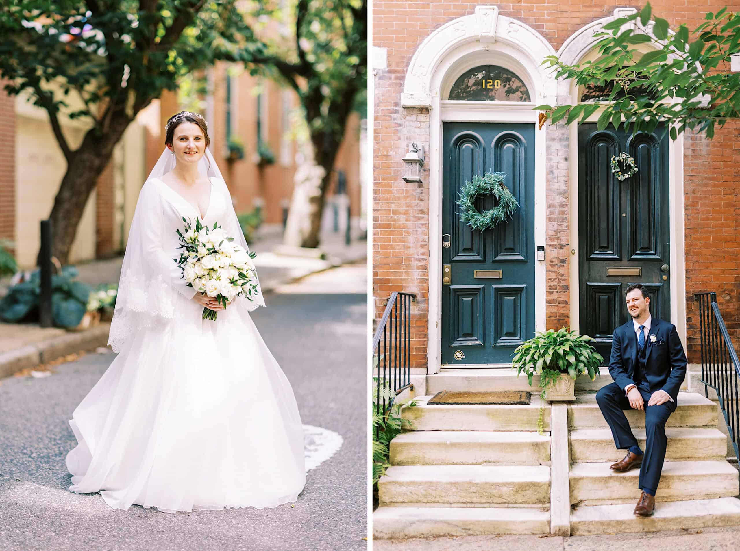 Left: Bride in a white dress holding a bouquet stands on a street. Right: Groom in a dark suit sits on steps with green doors and wreaths, echoing the elegance of a Franklin Institute wedding.