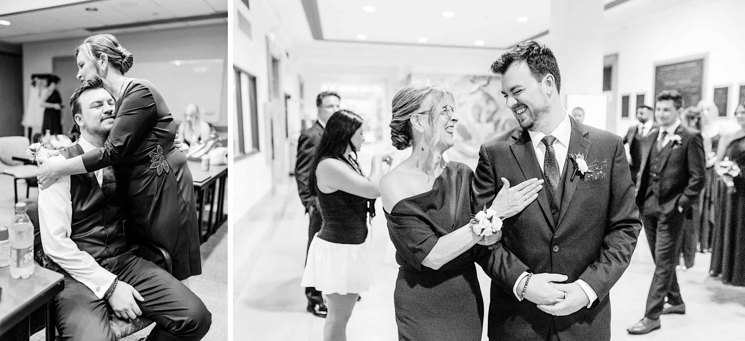 Two black-and-white photos from a Franklin Institute wedding show people in formal attire—a woman hugging a seated man, and another woman smiling with her hand on a man's arm as they walk.