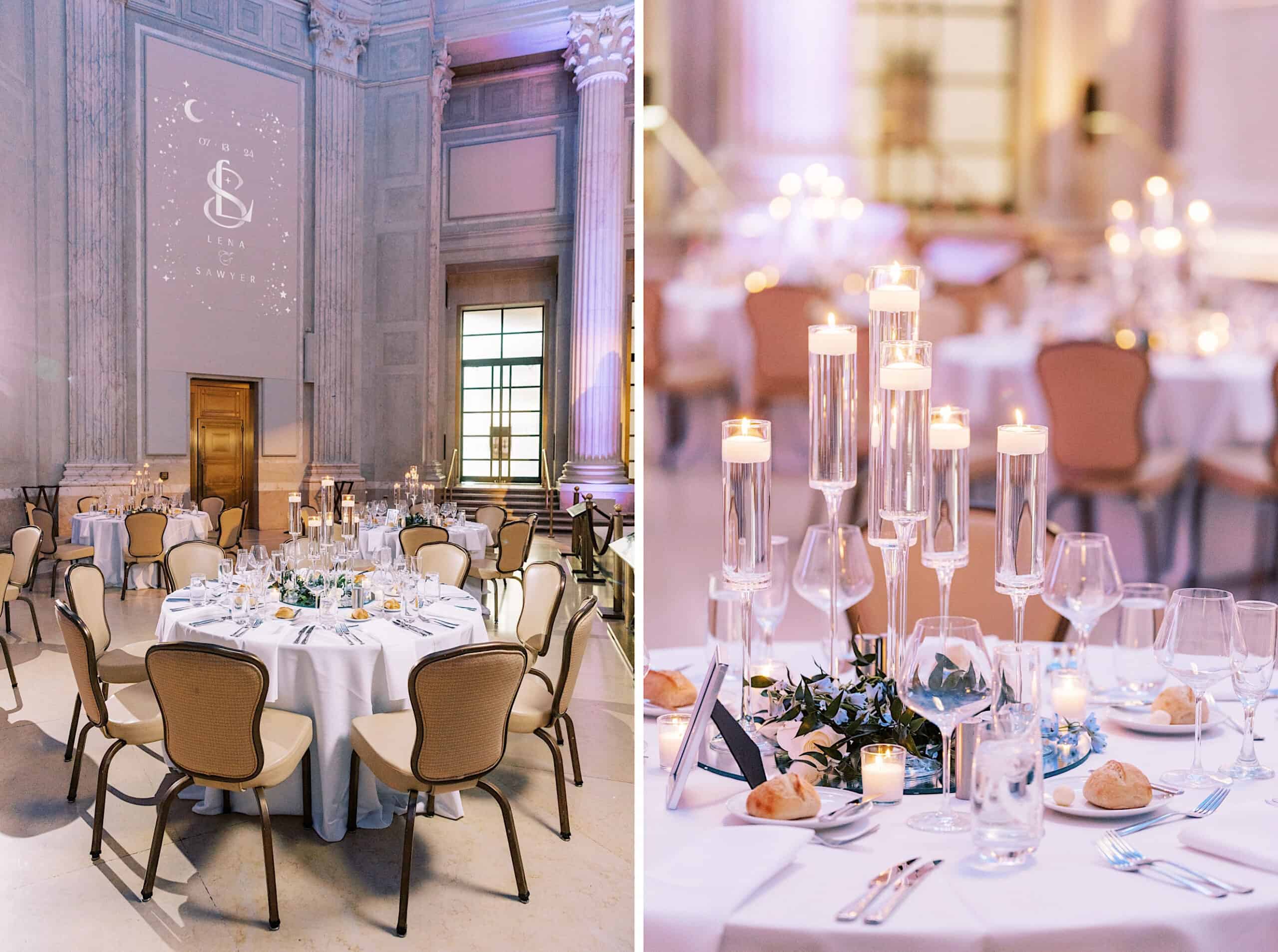 Elegant banquet hall with round tables set for a Franklin Institute wedding; close-up shows glass candle holders, greenery, and place settings on white tablecloths.