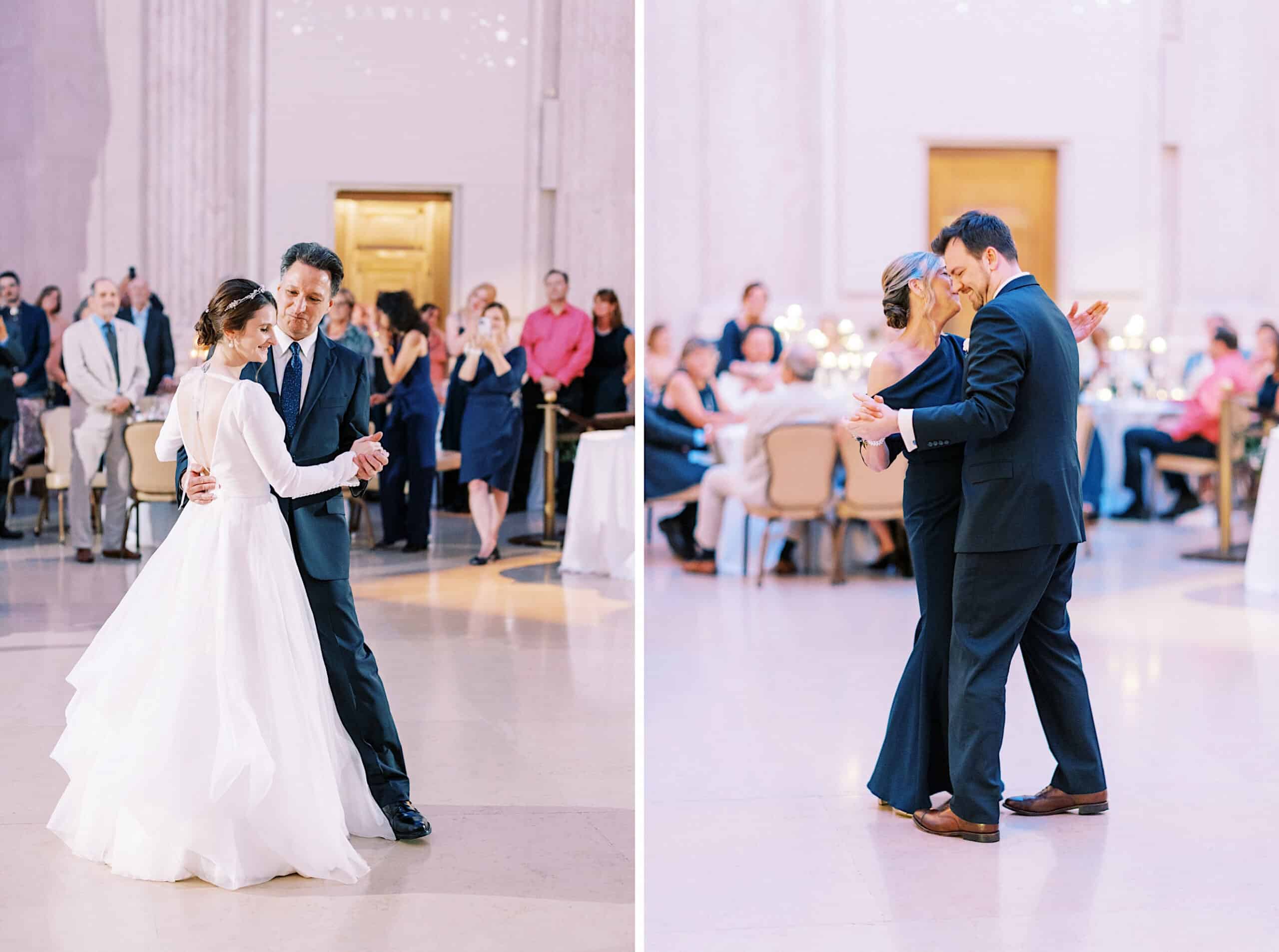 Two pairs dance at a formal event; on the left, a man dances with a woman in a white gown, and on the right, a woman in black dances with a man in a suit—all set against the elegant backdrop of a Franklin Institute wedding. Guests watch in the background.
