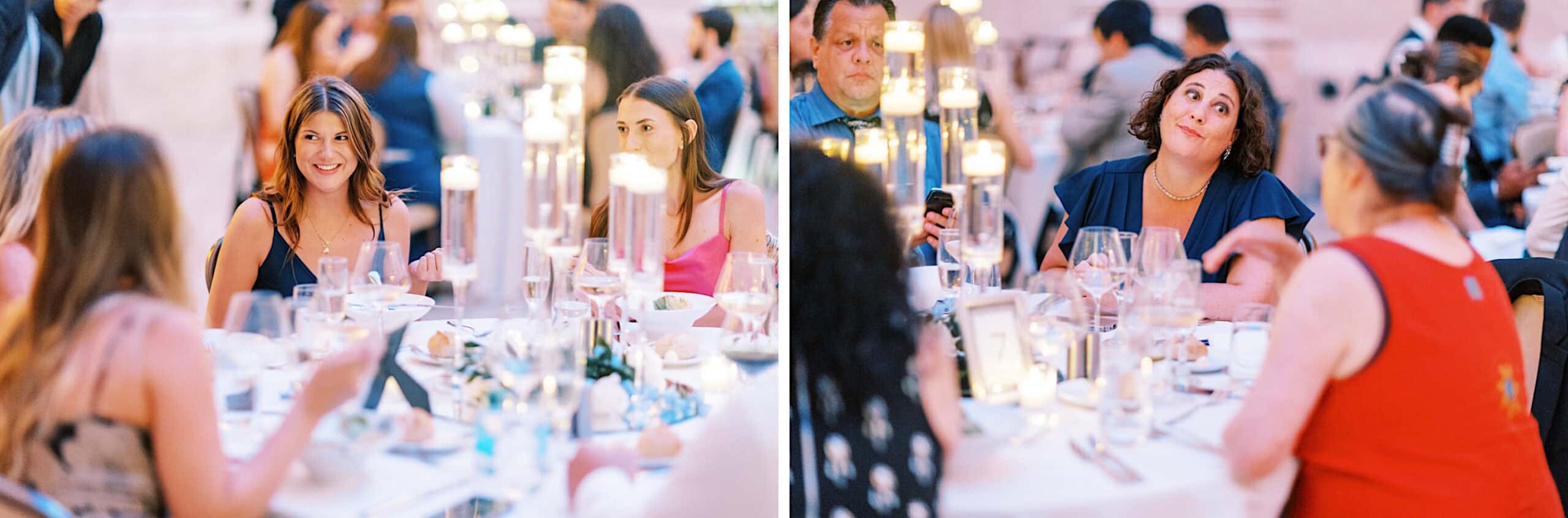 Two groups of people are seated at round tables, conversing and dining in a well-lit, elegant setting with candles and glassware during a Franklin Institute wedding.