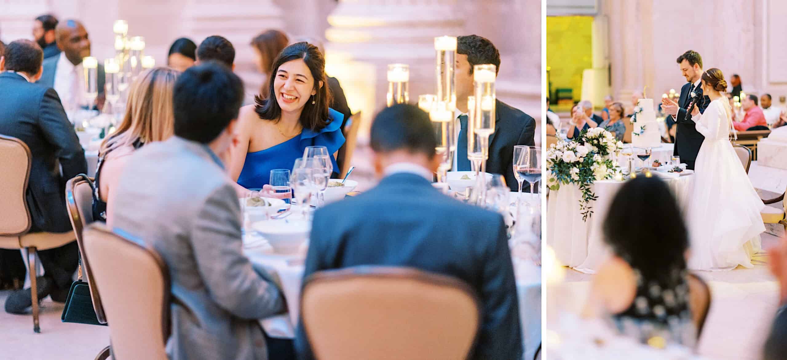 Guests seated at round tables enjoy a formal dinner while a bride and groom give a heartfelt speech during their elegant Franklin Institute wedding reception.