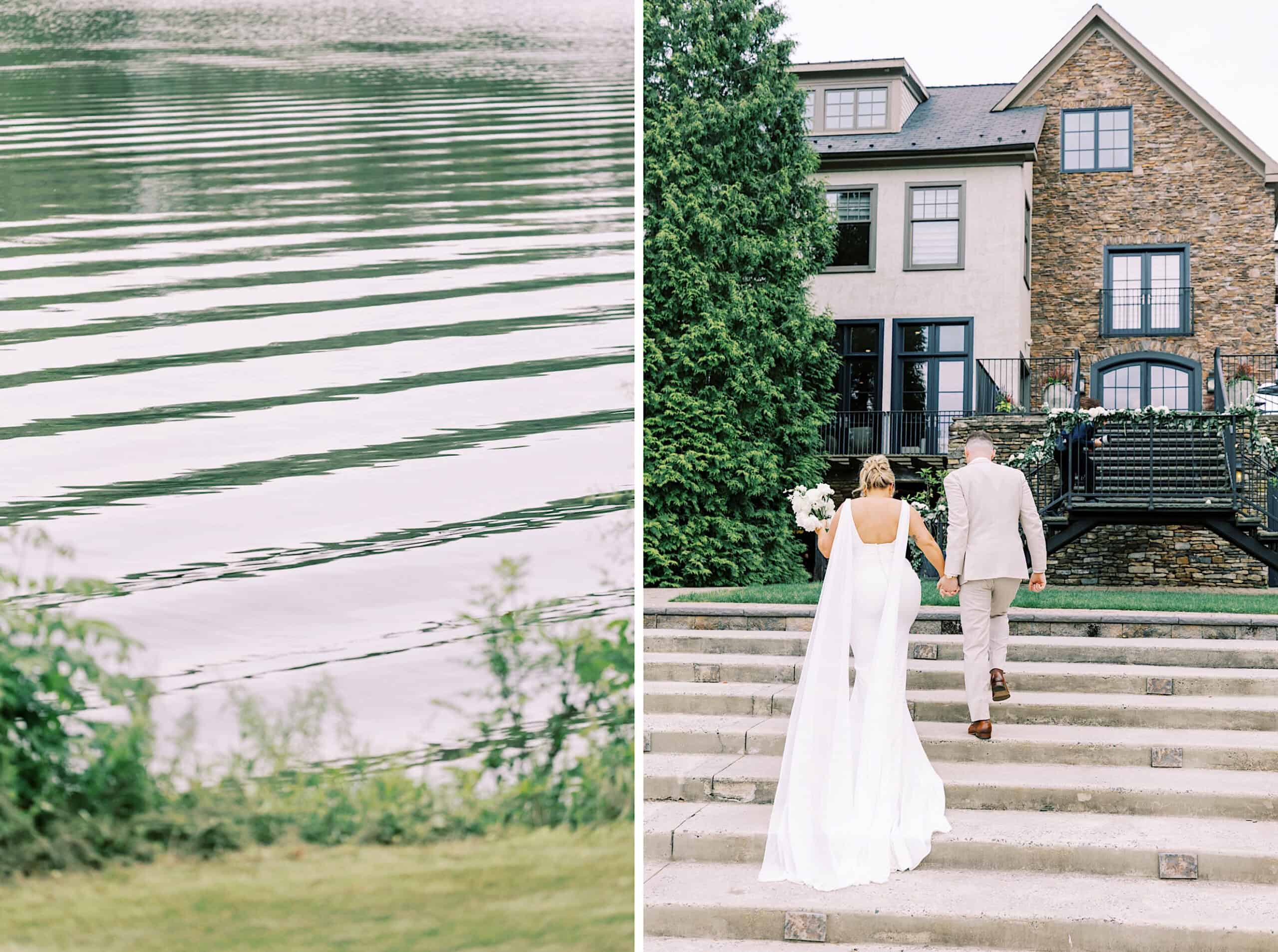 Left: Rippling water beside grassy shore. Right: Bride and groom holding hands, walking up stone steps toward a large house with trees in the background—a romantic Lake House Inn Wedding setting.