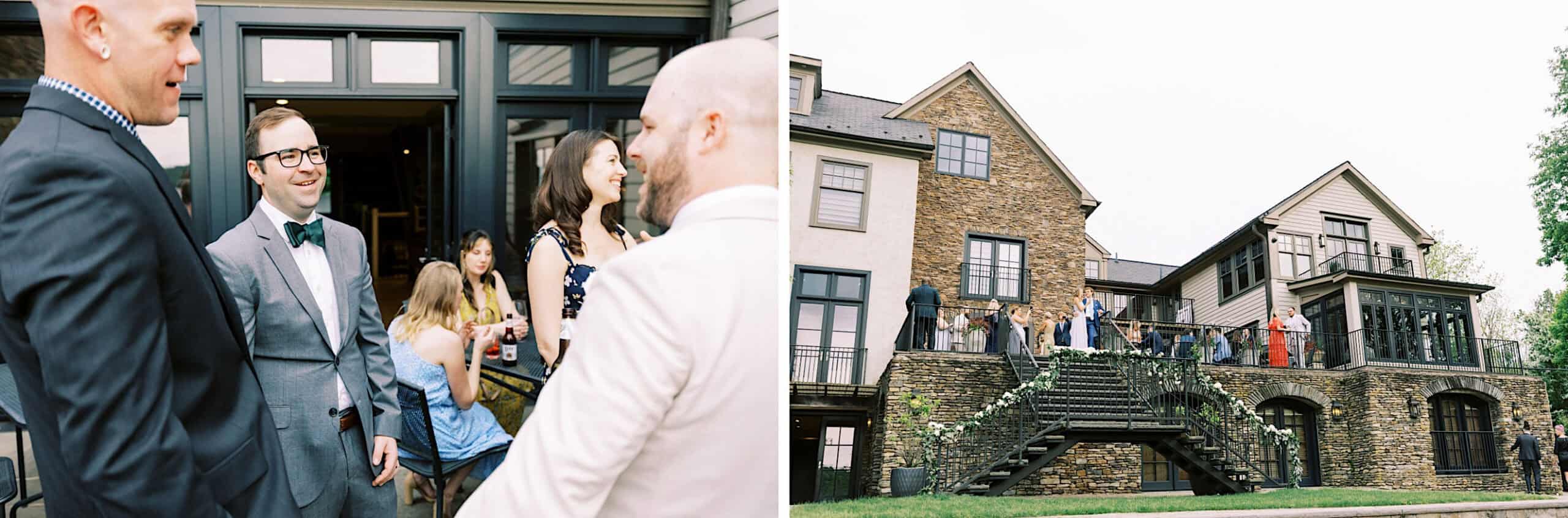 Two photos: Left shows people in formal attire socializing outdoors at a Lake House Inn Wedding; right shows a group gathered on the balcony and stairs of a large stone house.