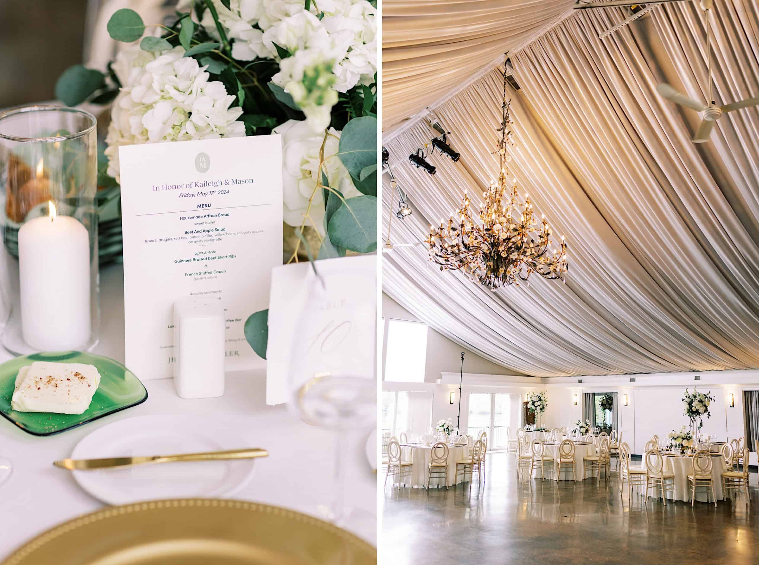 Elegant Lake House Inn Wedding reception setup with white flowers, candles, gold accents, menu card on the table, and a chandelier hanging from a draped ceiling in a spacious hall.
