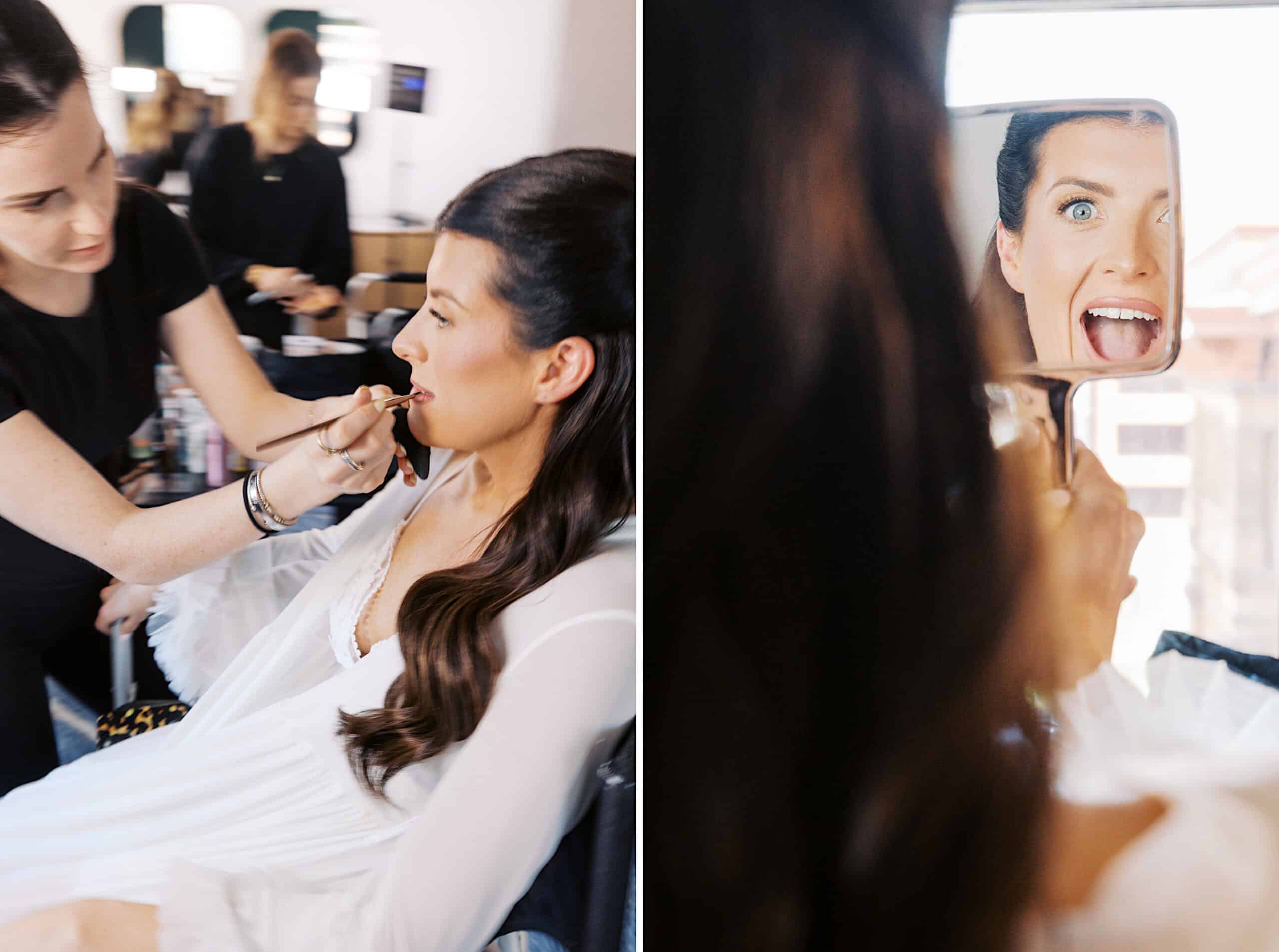 A woman in a white dress gets her makeup done for her Classic Wedding at Ballroom at the Ben; in a second photo, she makes a playful face in a hand-held mirror.