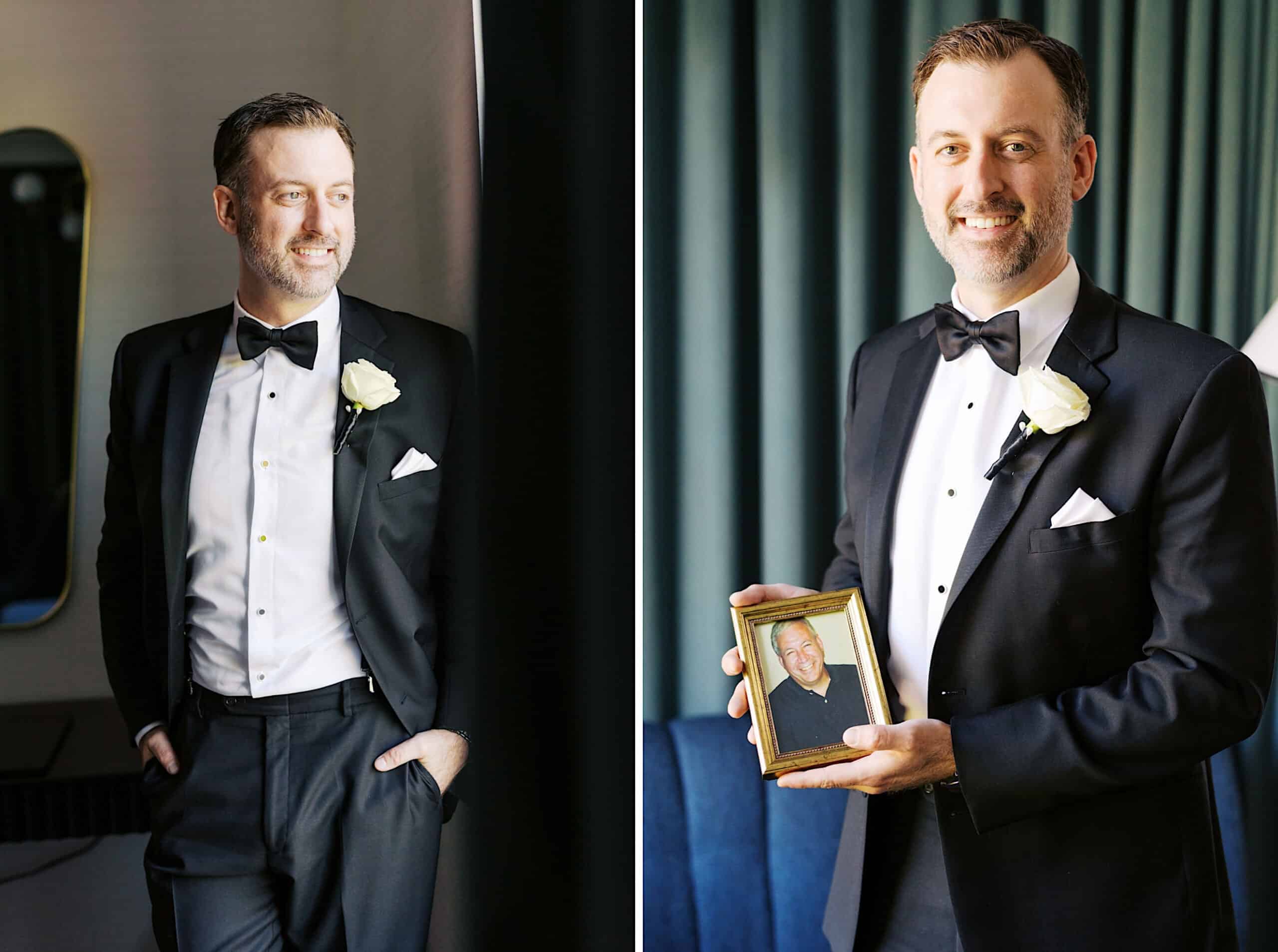 A man in a black tuxedo with a white rose boutonniere stands indoors at the Classic Wedding at Ballroom at the Ben; in the second photo, he holds a framed picture of another man and smiles.