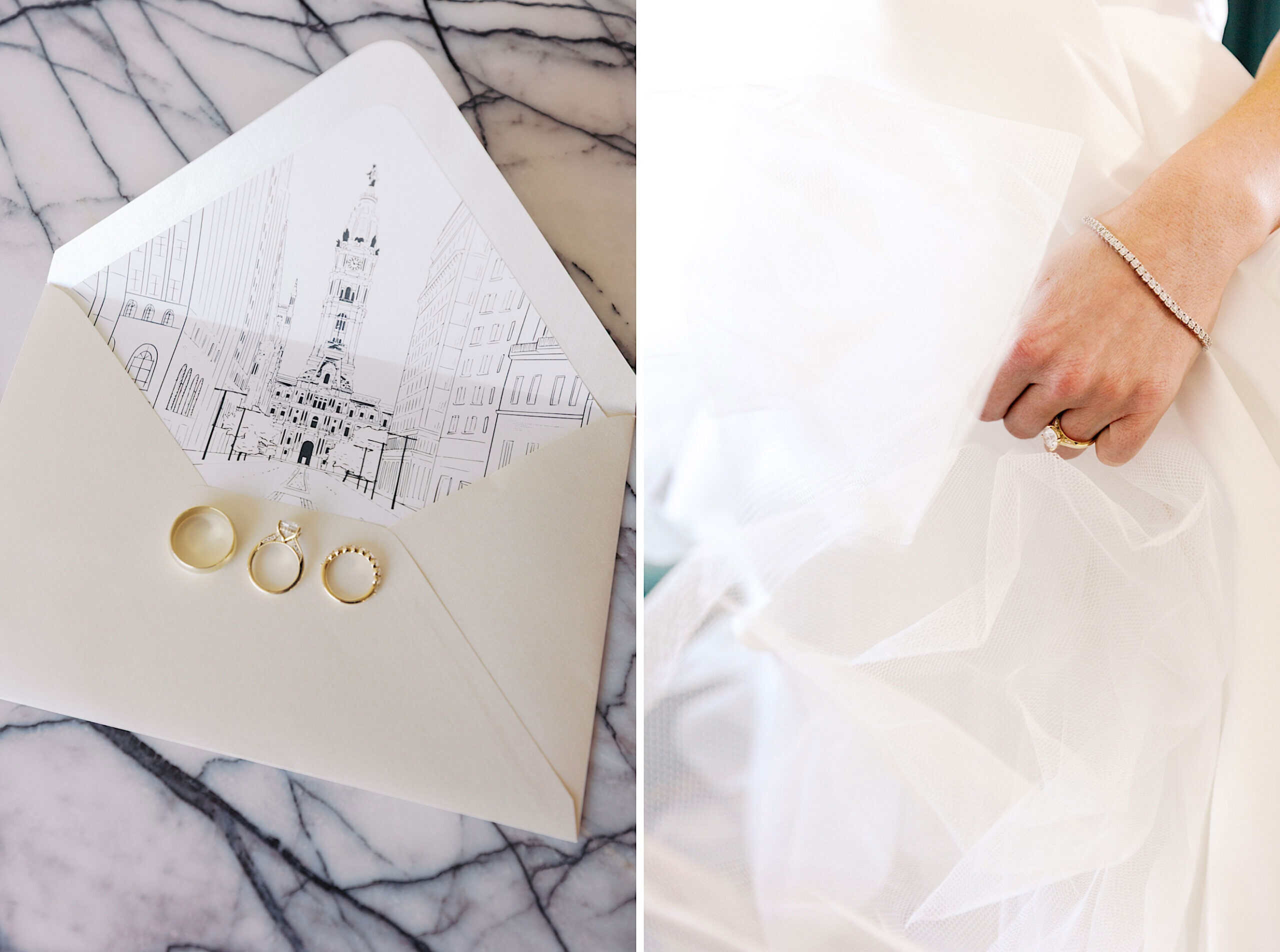 An open envelope with a city illustration, pearl earrings, and two rings on marble; beside a hand wearing a bracelet and rings holding white fabric—perfect details for a Classic Wedding at Ballroom at the Ben.