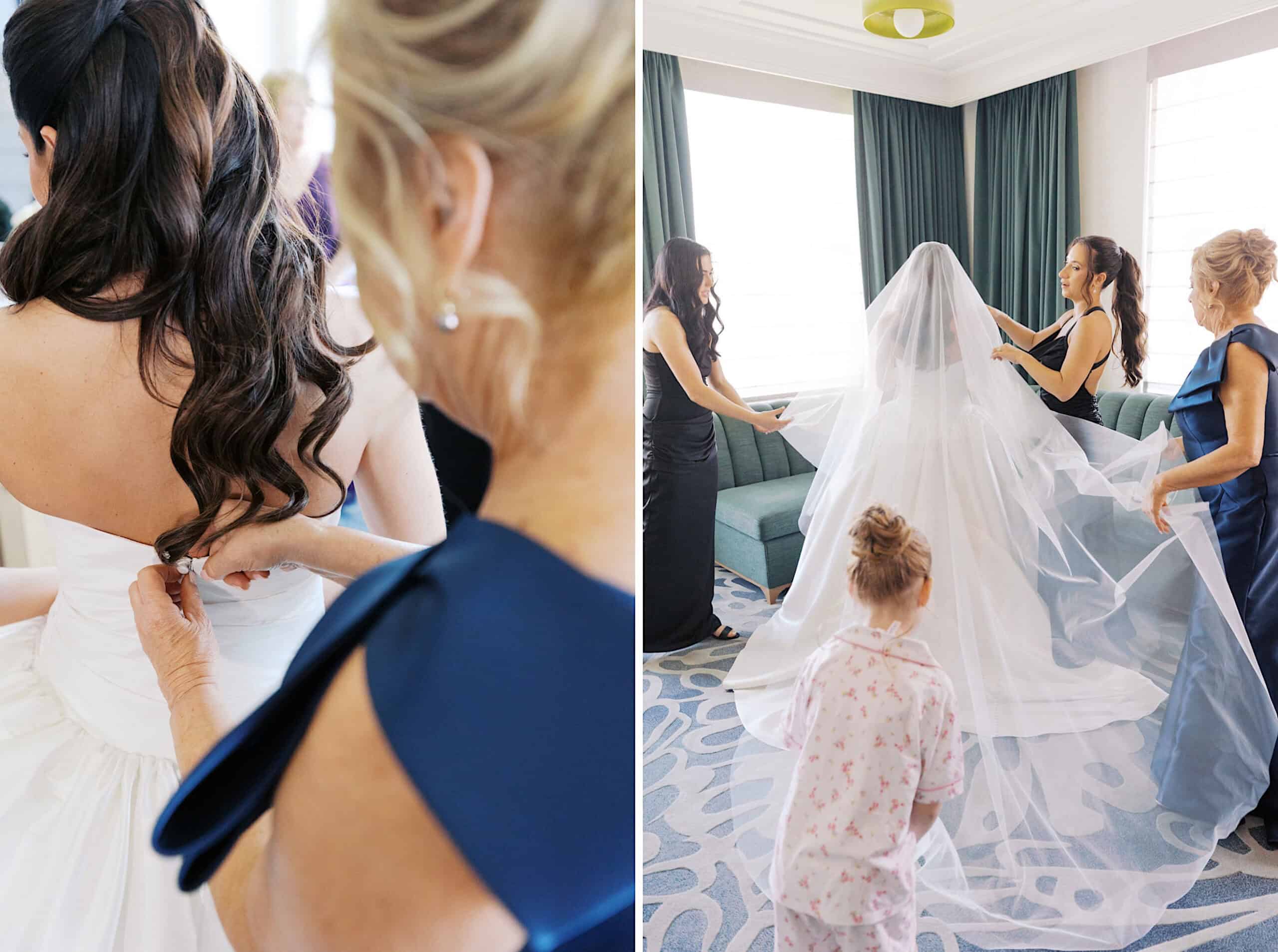 Two images: Left—close-up of a bride being buttoned into her dress; Right—her veil adjusted by two women as a child in pajamas watches in a hotel room, capturing quiet moments before a Classic Wedding at Ballroom at the Ben.