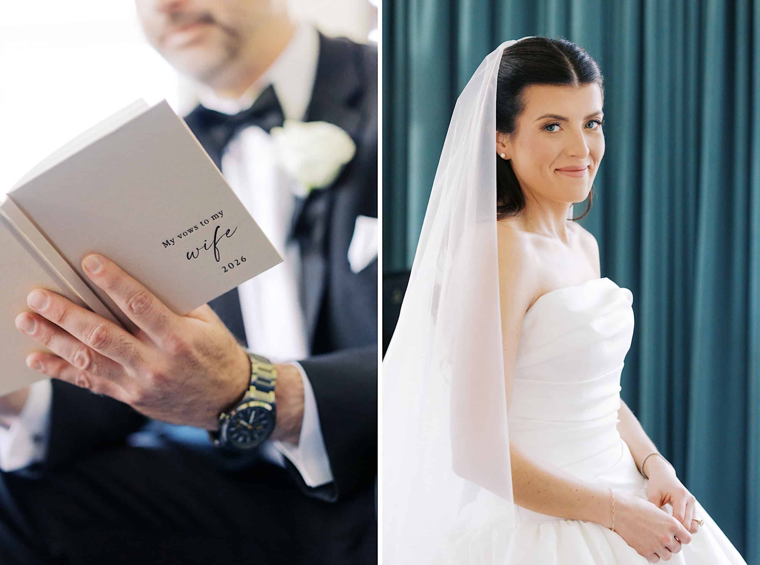 A man in a suit reads a booklet titled "My Vows to My Wife" at their Classic Wedding at Ballroom at the Ben; beside him, a bride in a white dress and veil smiles at the camera.