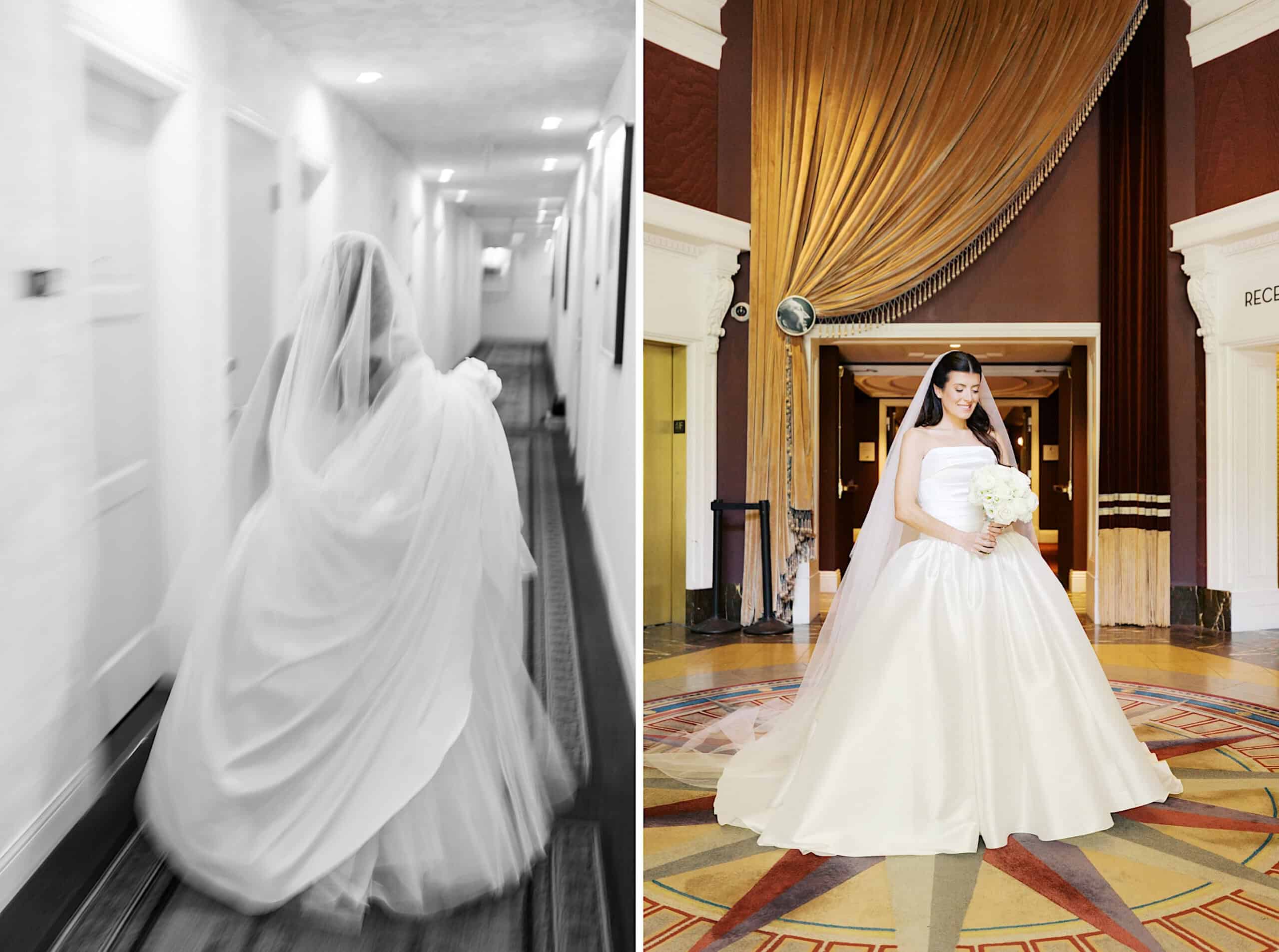 Split image: Left side shows a blurred bride walking down a hallway; right side shows the bride in a formal white gown, holding a bouquet in the grand interior of her Classic Wedding at Ballroom at the Ben.