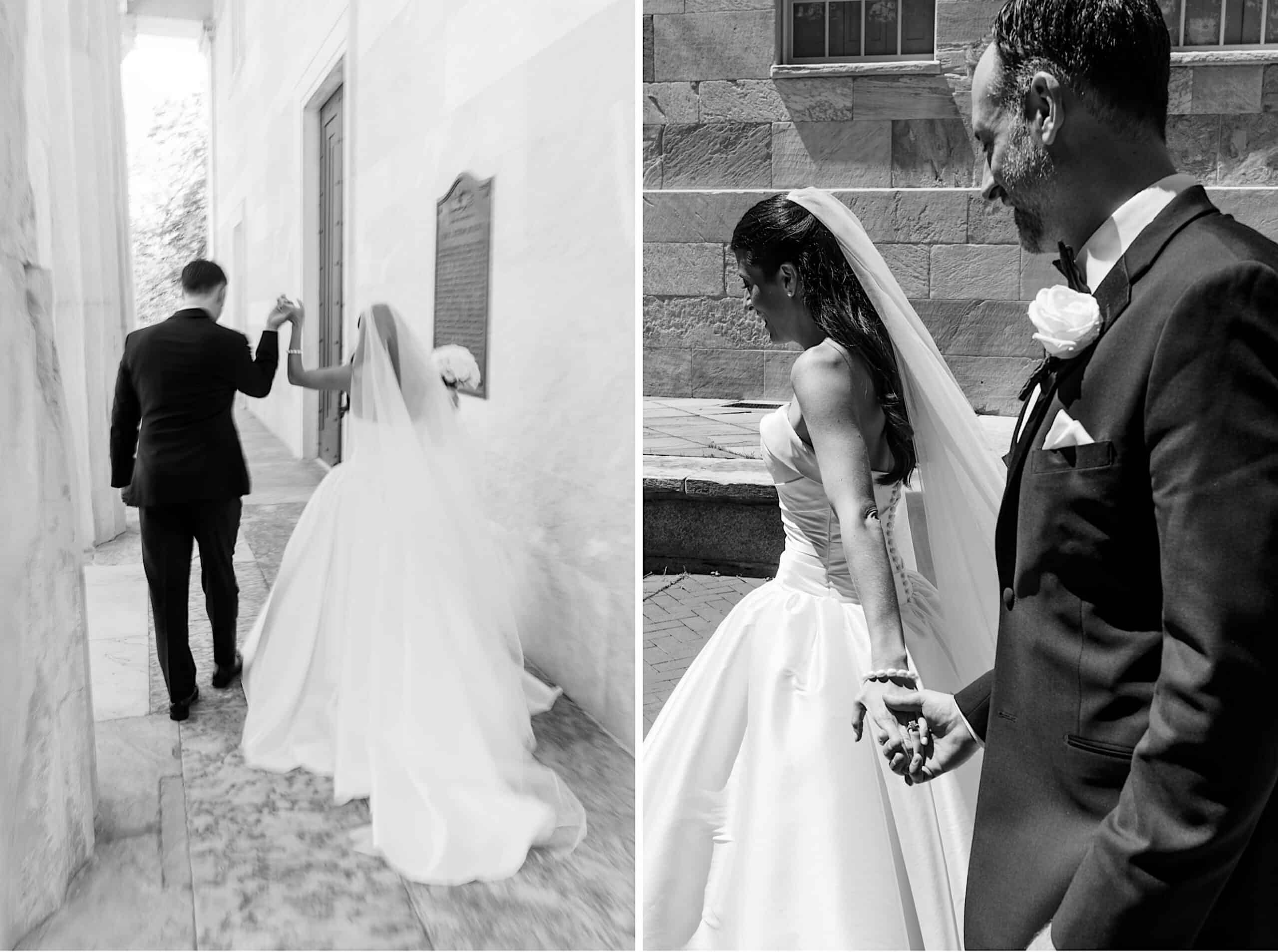 A bride and groom, dressed in formal wedding attire, walk hand in hand outdoors near stone buildings in two black and white photos from a classic wedding at Ballroom at the Ben.