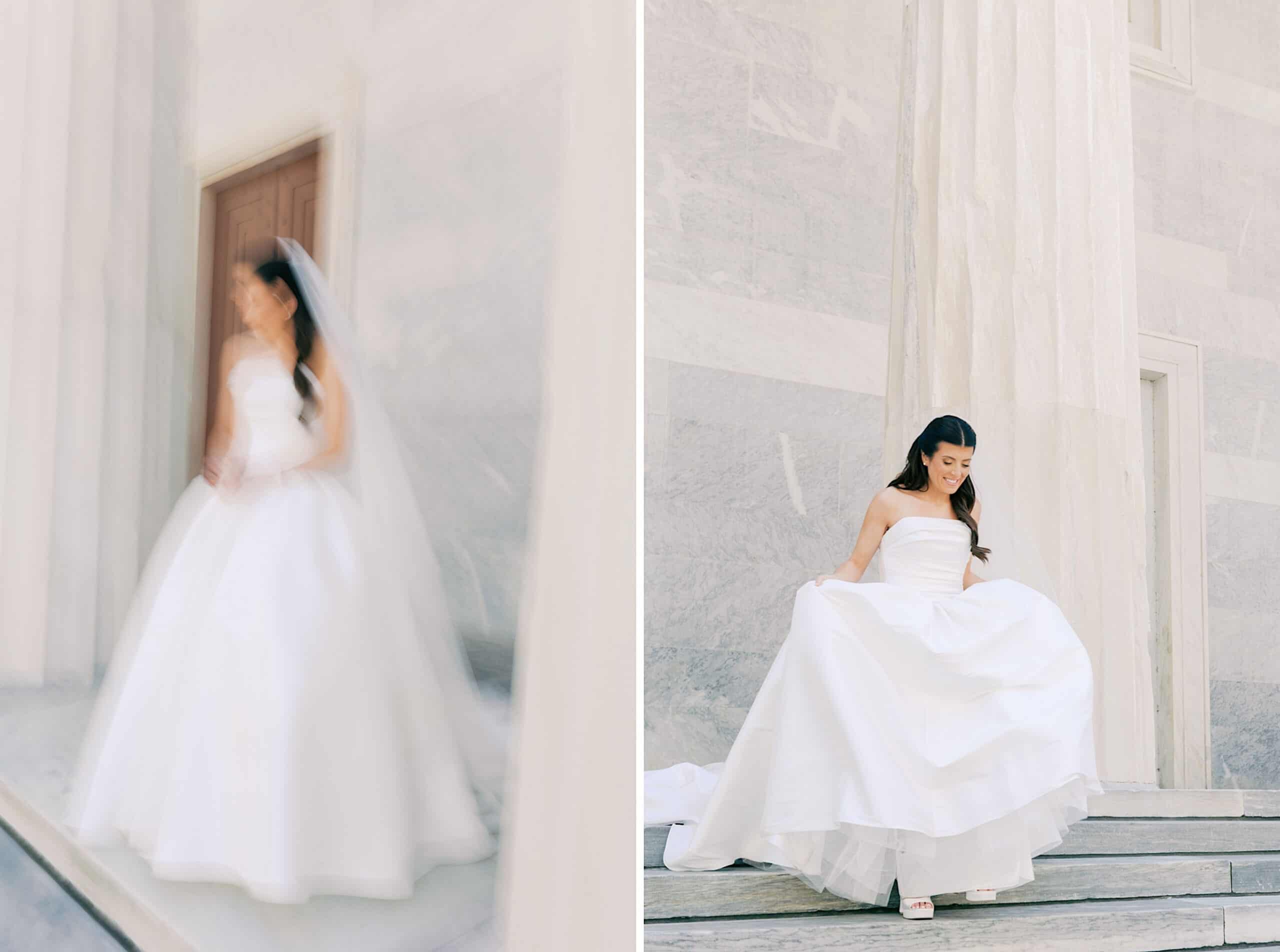 Split image: Left side shows a blurry bride in a white gown; right side captures her in focus, holding her dress on marble steps against a light stone wall—perfect for a Classic Wedding at Ballroom at the Ben.