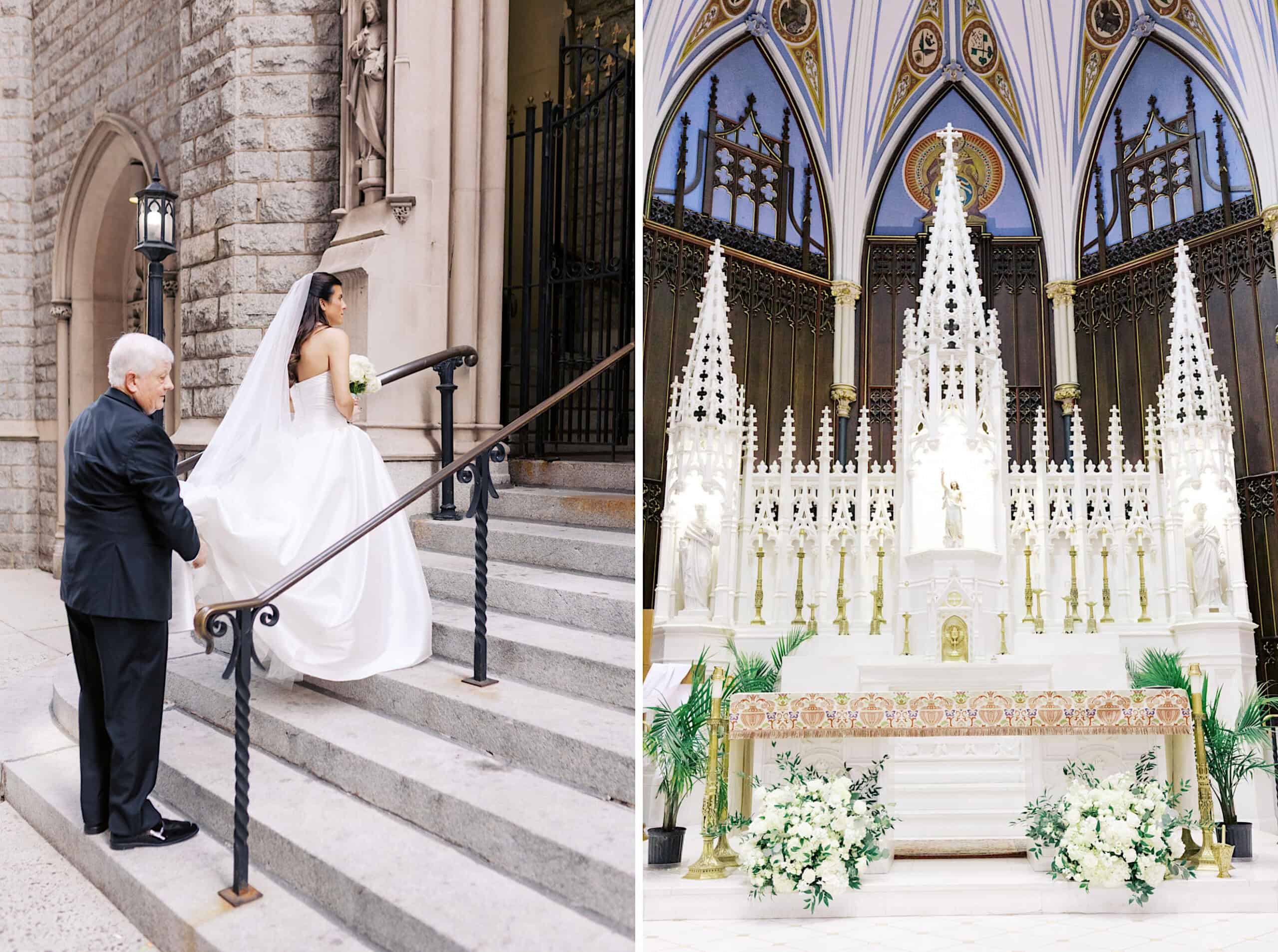 Split image: On the left, a bride in a white gown walks up steps outside a stone church with an older man. On the right, a white ornate church altar decorated with flowers—an elegant moment before their Classic Wedding at Ballroom at the Ben.