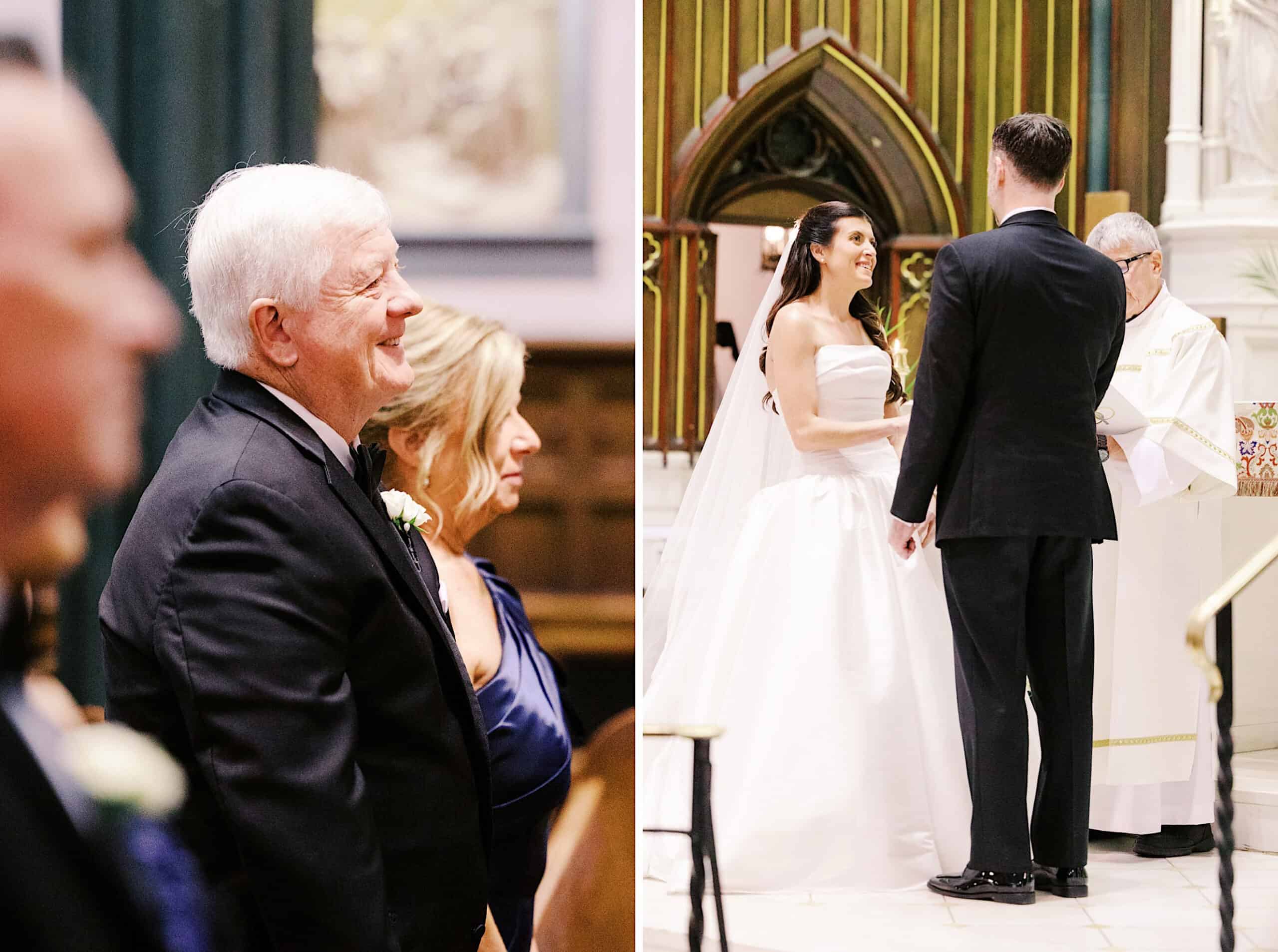 A man smiles while seated at a Classic Wedding at Ballroom at the Ben; beside him, a bride and groom stand at the altar with a priest officiating.