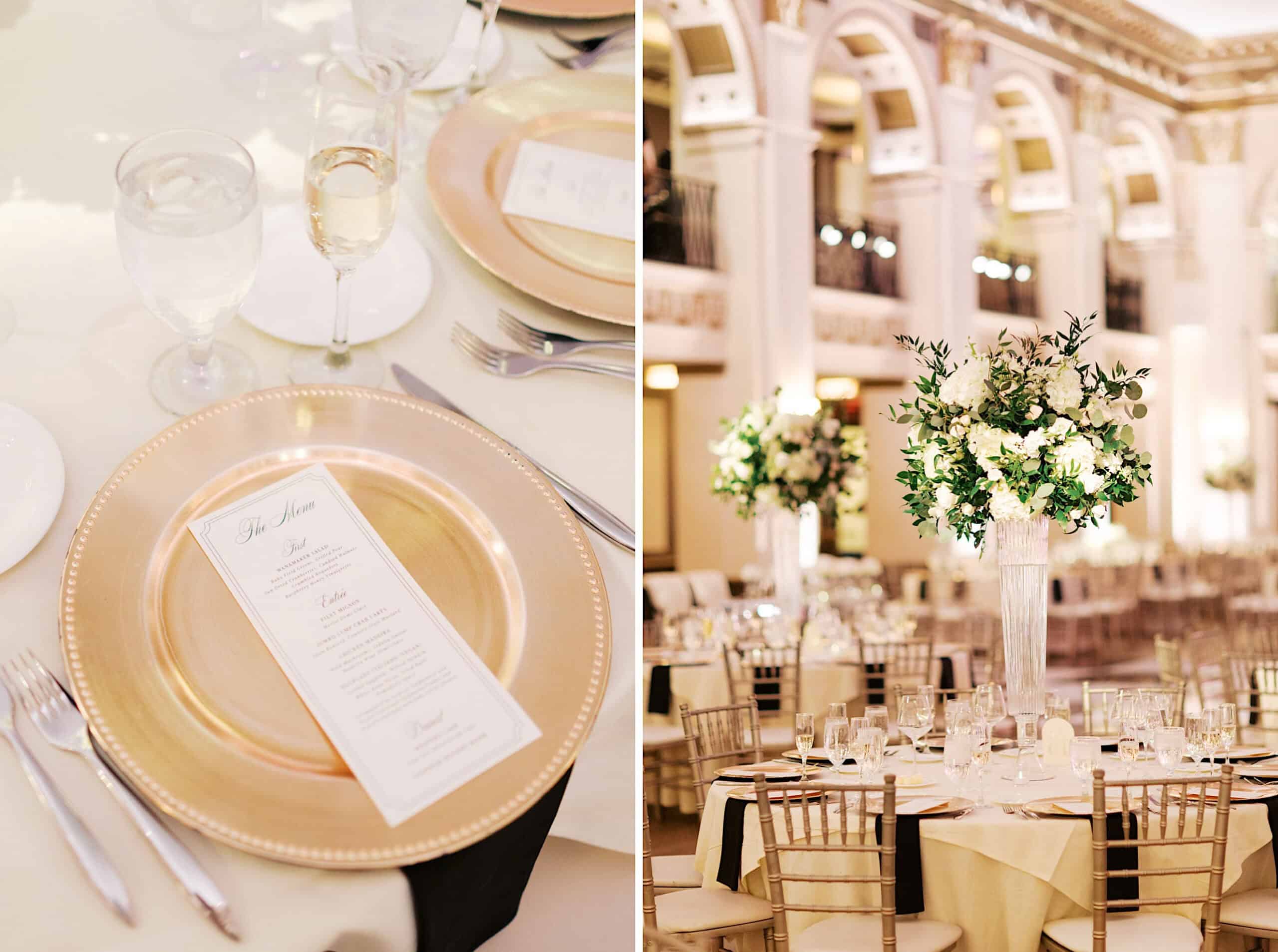 Elegant banquet tables set with gold chargers, menus, glassware, and tall floral centerpieces in the grand, well-lit Ballroom at the Ben—perfect for a classic wedding amid stunning arched architecture.