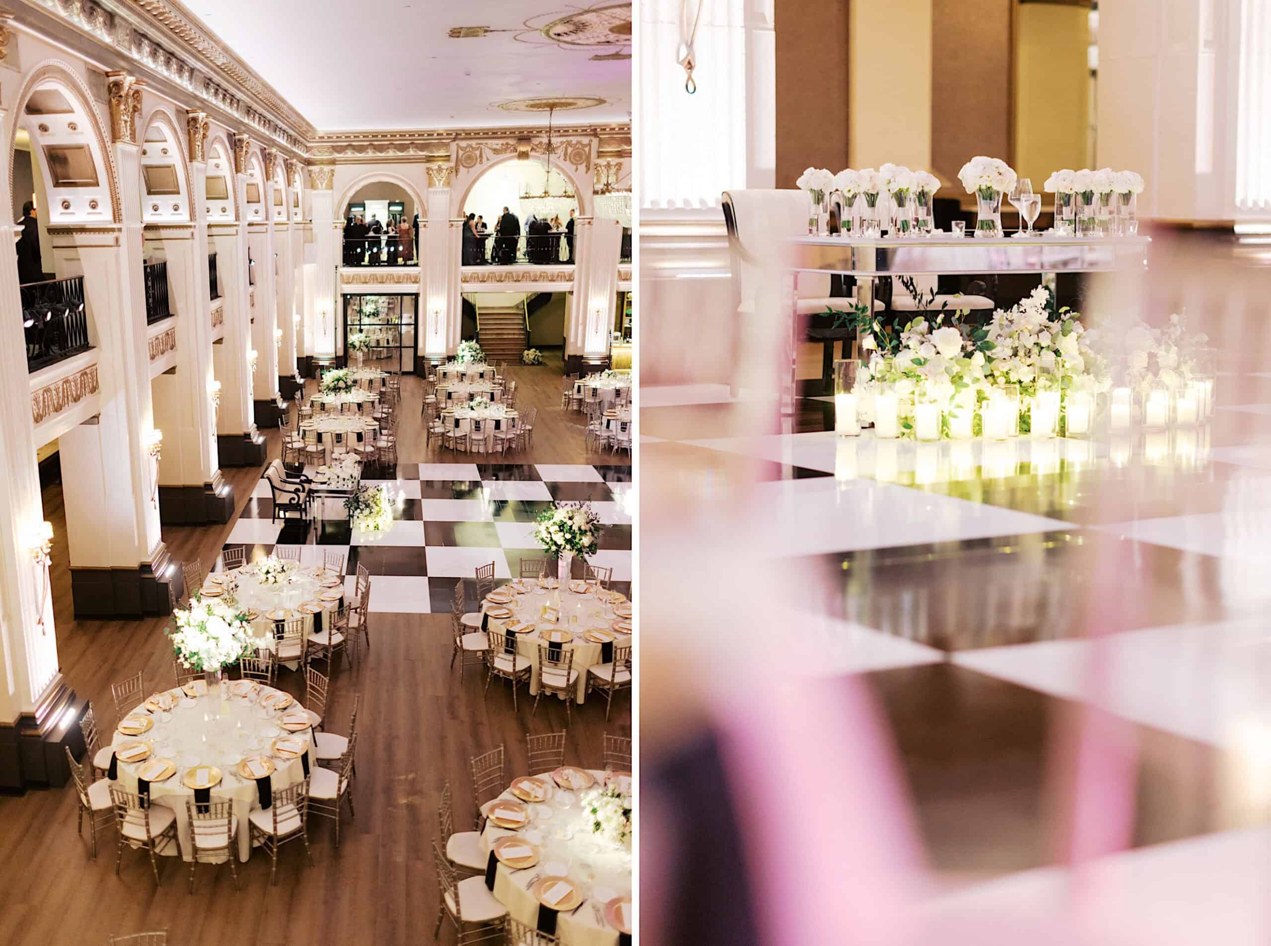 A grand ballroom set for a Classic Wedding at Ballroom at the Ben, featuring round tables adorned with white flowers and a striking black and white checkered dance floor.