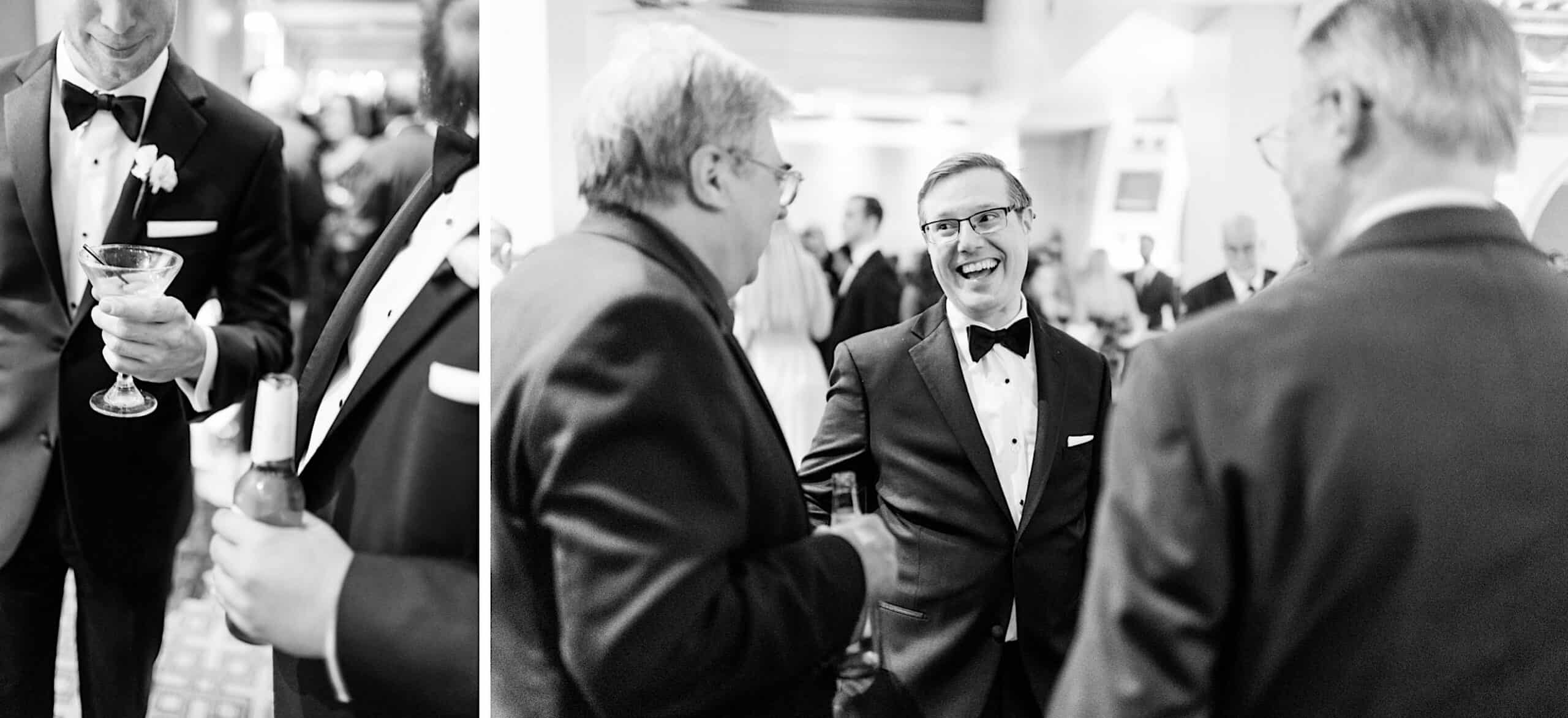 Two black-and-white photos capture men in suits and bow ties at a Classic Wedding at Ballroom at the Ben, holding drinks and engaged in conversation.