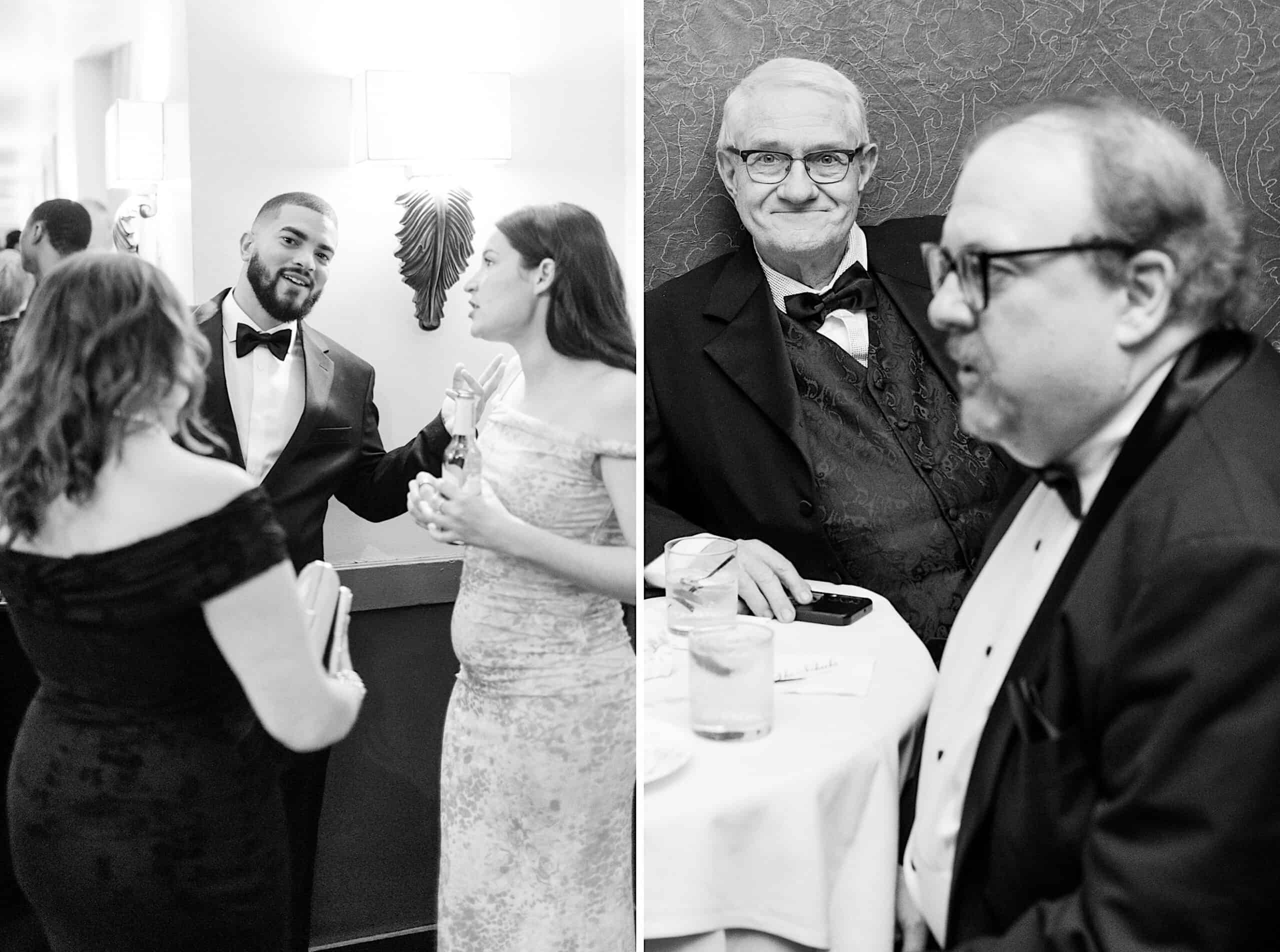 Two black-and-white photos from a classic wedding at Ballroom at the Ben: on the left, three people converse in formal attire; on the right, two seated men enjoy drinks and check their phones.