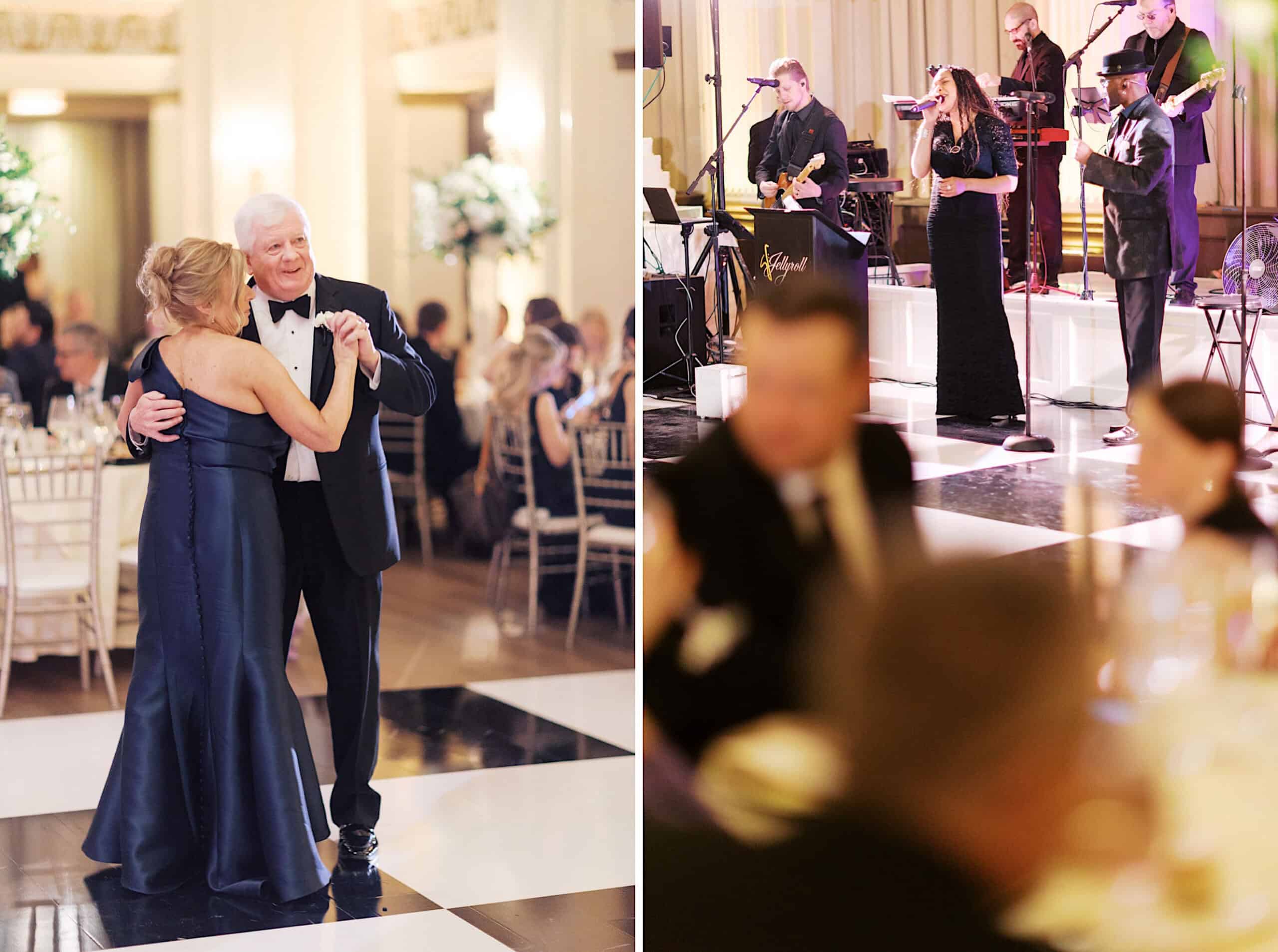 An older couple dances on a black and white checkered floor while a live band performs at the elegant Classic Wedding at Ballroom at the Ben.