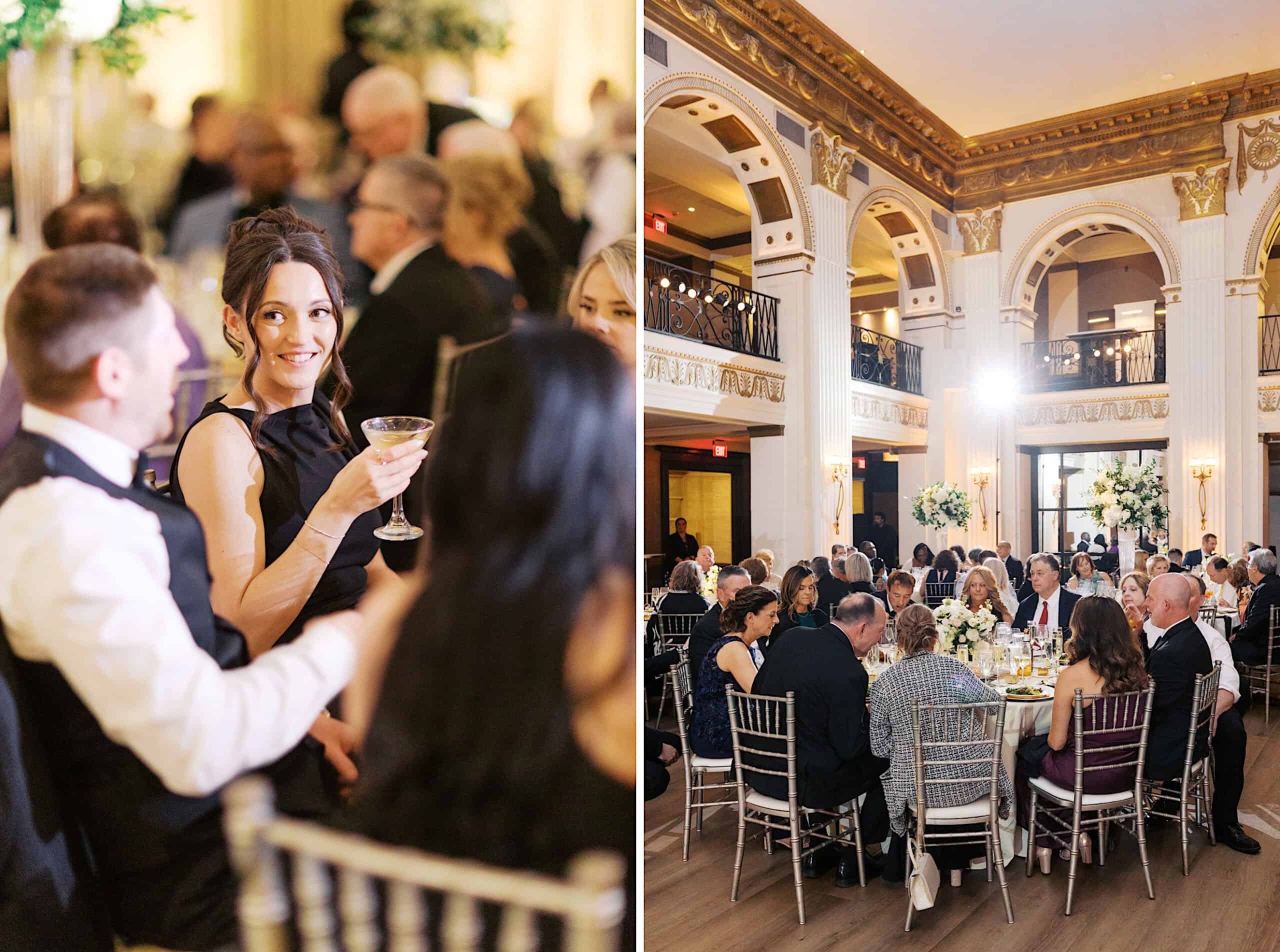 Two photos: Left, a woman in formal attire holds a drink among guests. Right, a wide view of a Classic Wedding at Ballroom at the Ben, showcasing an ornate, high-ceilinged hall with round tables and elegant dining.