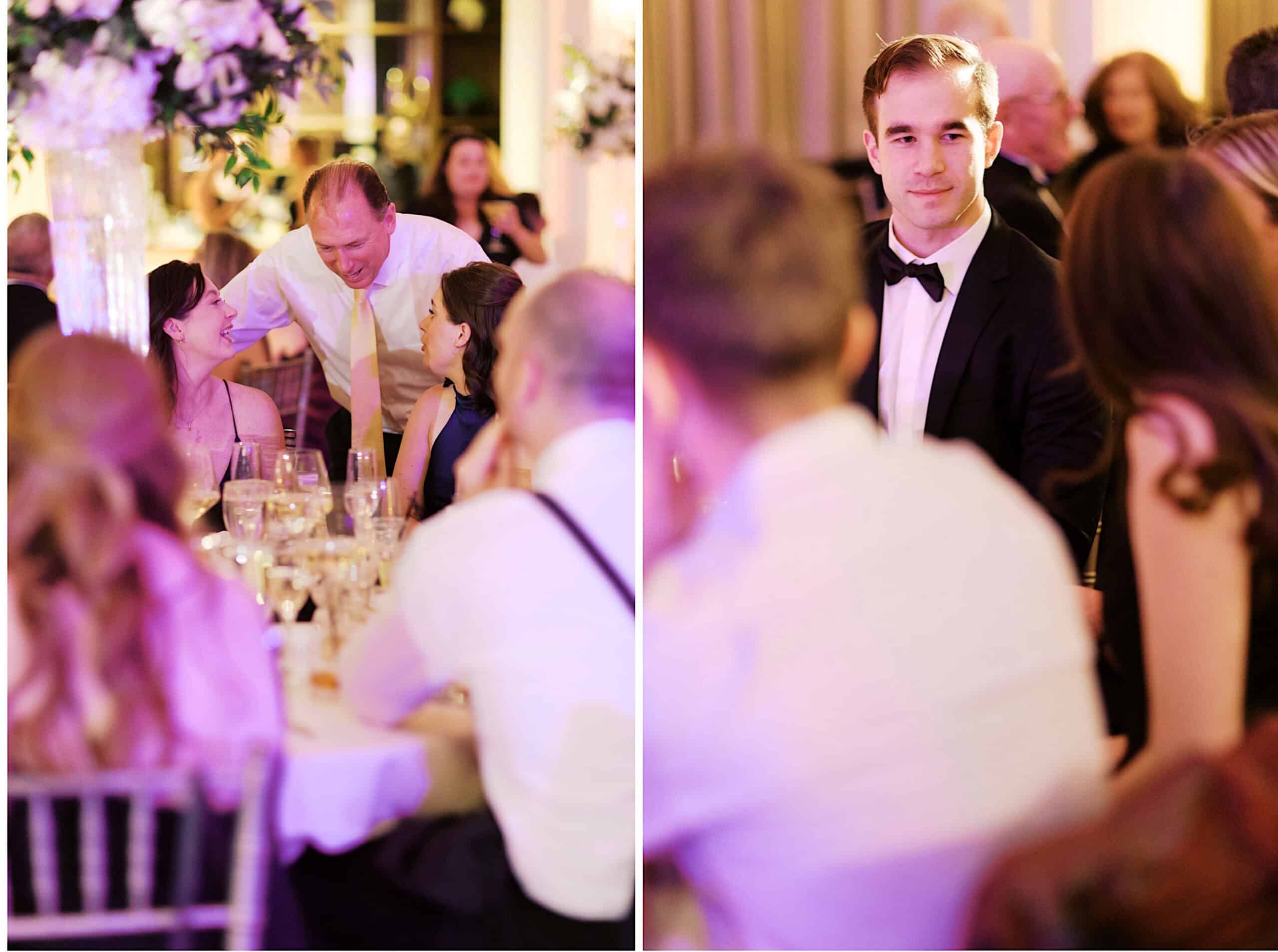 Two images: Left, guests seated at a round table converse during a Classic Wedding at Ballroom at the Ben. Right, a young man in a tuxedo stands among other guests, looking forward.