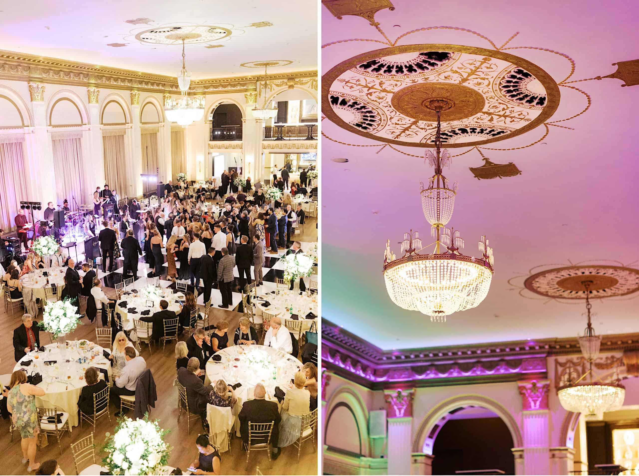 A Classic Wedding at Ballroom at the Ben featuring round tables with floral centerpieces, elegant guests, and an ornate ceiling adorned with chandeliers and decorative gold accents.