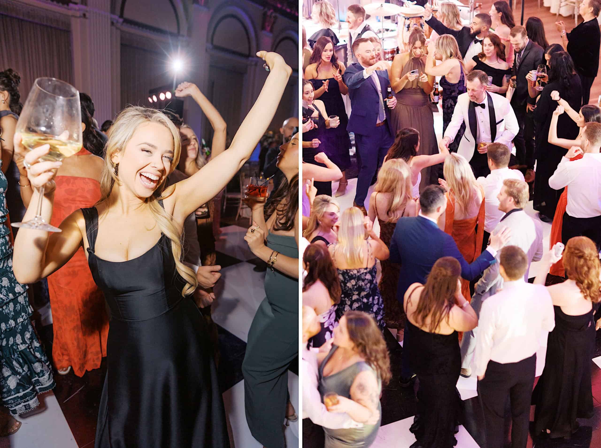 Two photos: On the left, a woman in a black dress raises her arm with a drink at a Classic Wedding at Ballroom at the Ben; on the right, guests fill the dance floor, socializing and dancing in elegant surroundings.