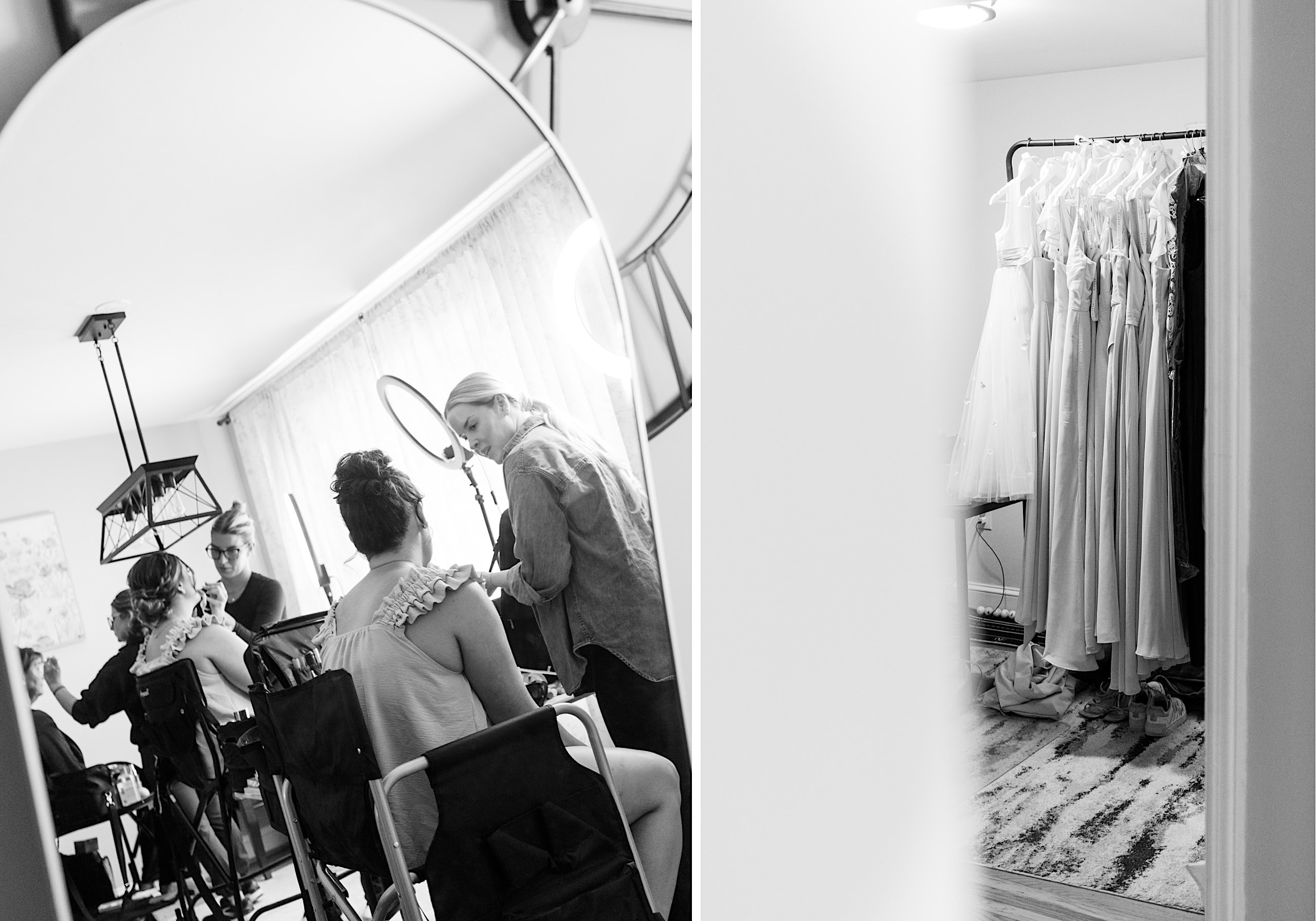 A woman applies makeup to another woman seated in front of a mirror, while formal dresses hang on a rack in an adjacent room at The Ivy at Ellis Preserve during a spring wedding. Black and white photo.