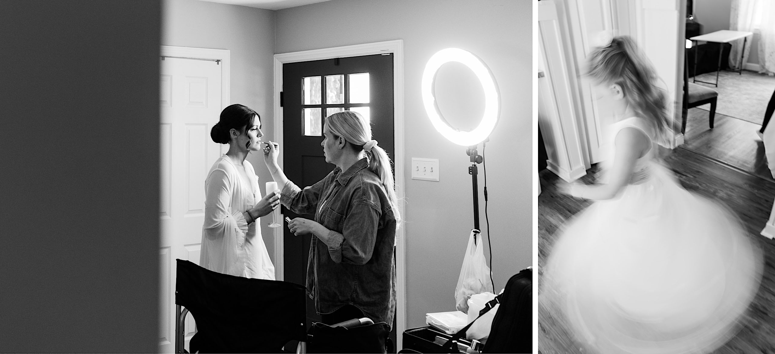 A woman applies makeup to a bride at The Ivy at Ellis Preserve during a spring wedding, while a girl in a dress twirls nearby in a separate, blurred scene.