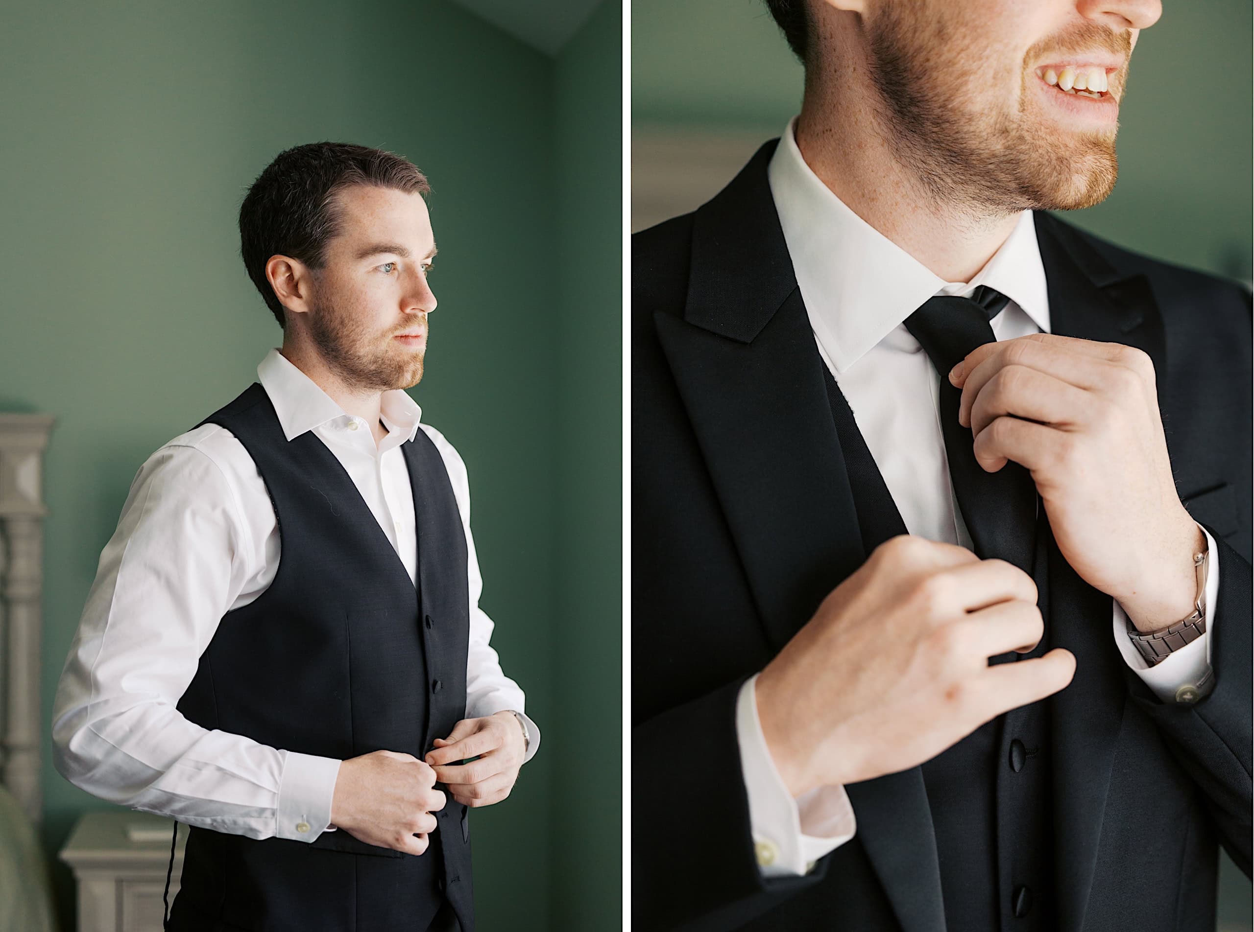 A man in a white shirt and dark vest buttons his jacket in one image and adjusts his black tie in another, preparing for a formal event at The Ivy at Ellis Preserve spring wedding.