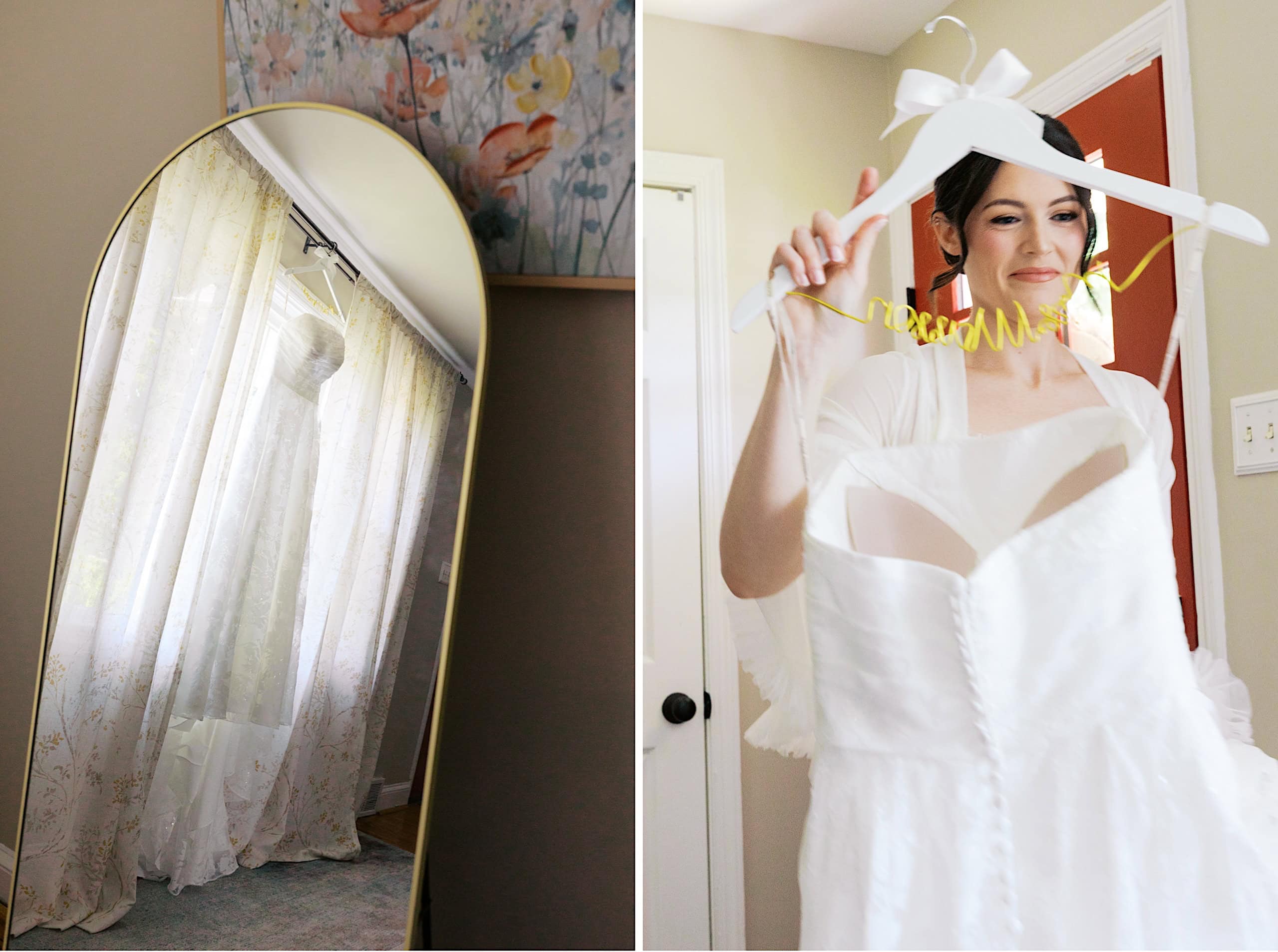 Left: A white wedding dress reflected in a mirror by a window. Right: At The Ivy at Ellis Preserve spring wedding, a woman holds the dress on a hanger with a ribbon bow and yellow wire name.