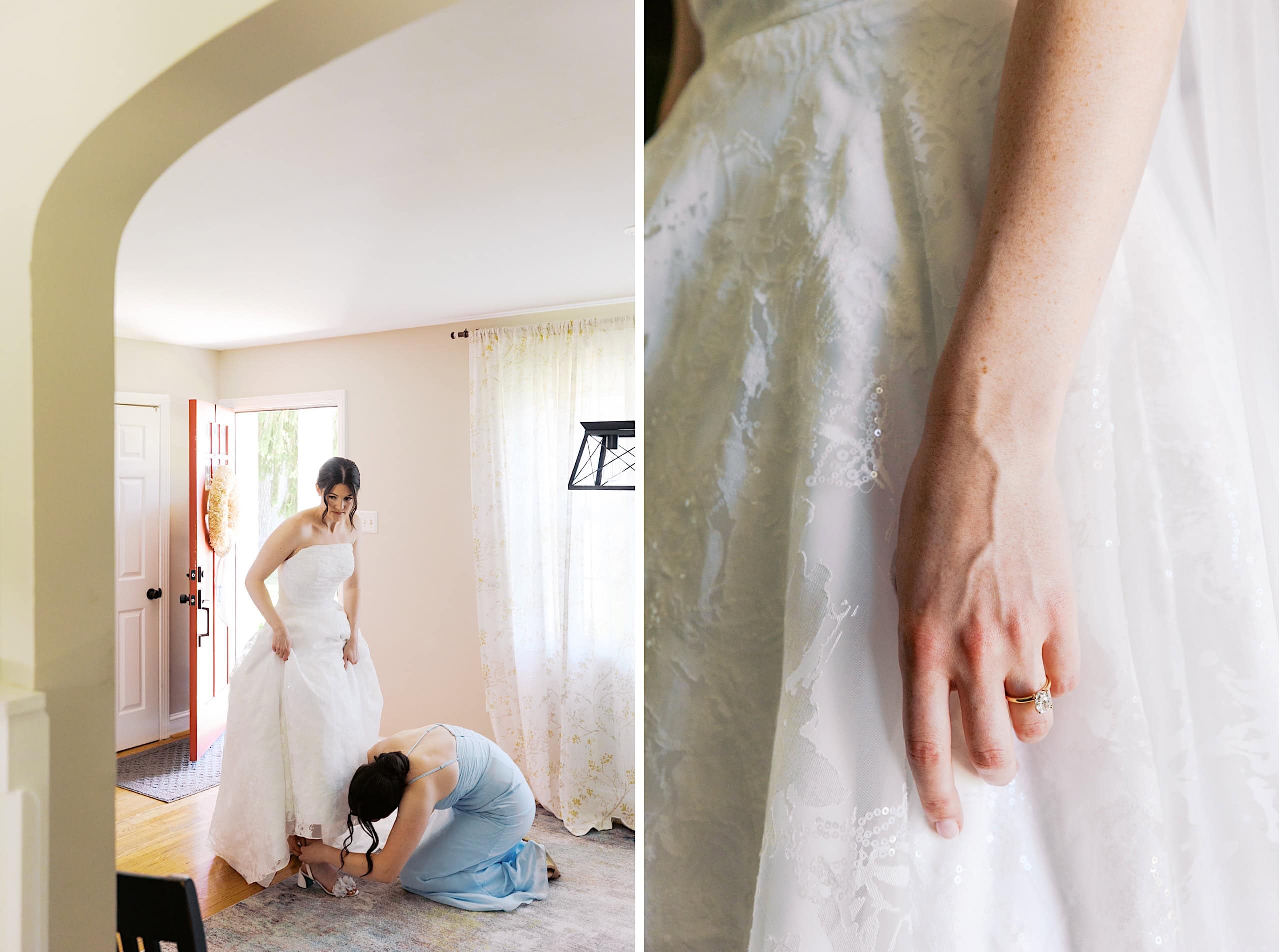 At The Ivy at Ellis Preserve spring wedding, a bride stands as a woman in a light blue dress adjusts her gown; a close-up captures the bride’s hand on her lace dress, highlighting a gold ring.