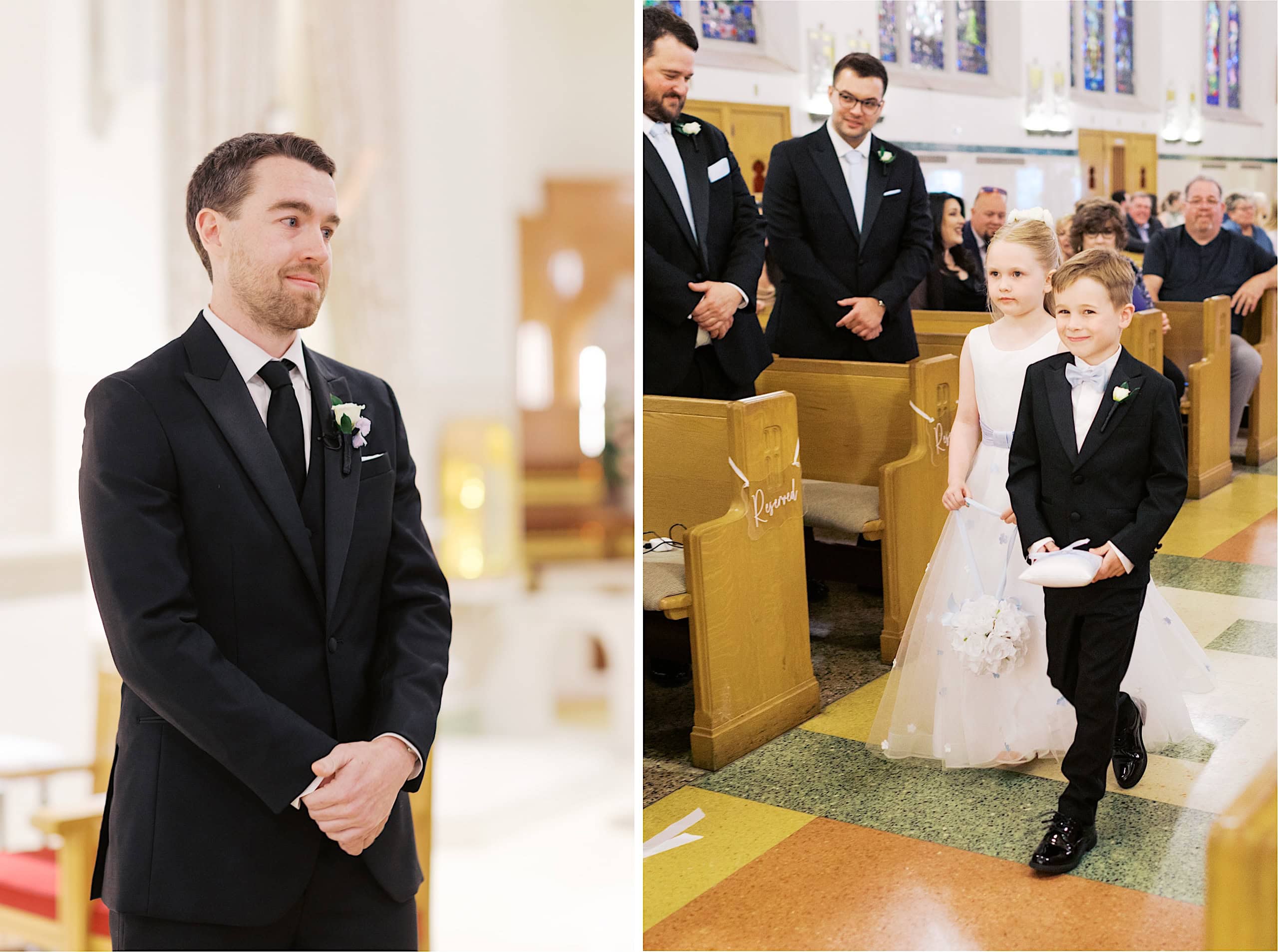 At a The Ivy at Ellis Preserve spring wedding, a groom in a black suit stands at the altar as the flower girl and ring bearer walk down the aisle, followed by groomsmen in a beautiful church setting.