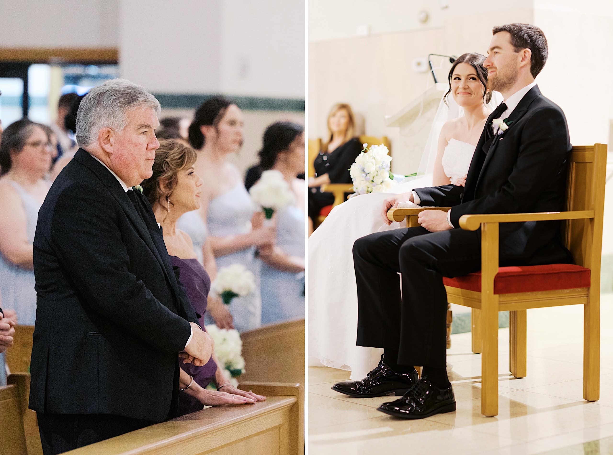 Split image: Left shows guests standing in pews at a wedding ceremony. Right features a bride and groom sitting side by side, facing forward in a church, capturing the joy of The Ivy at Ellis Preserve spring wedding.