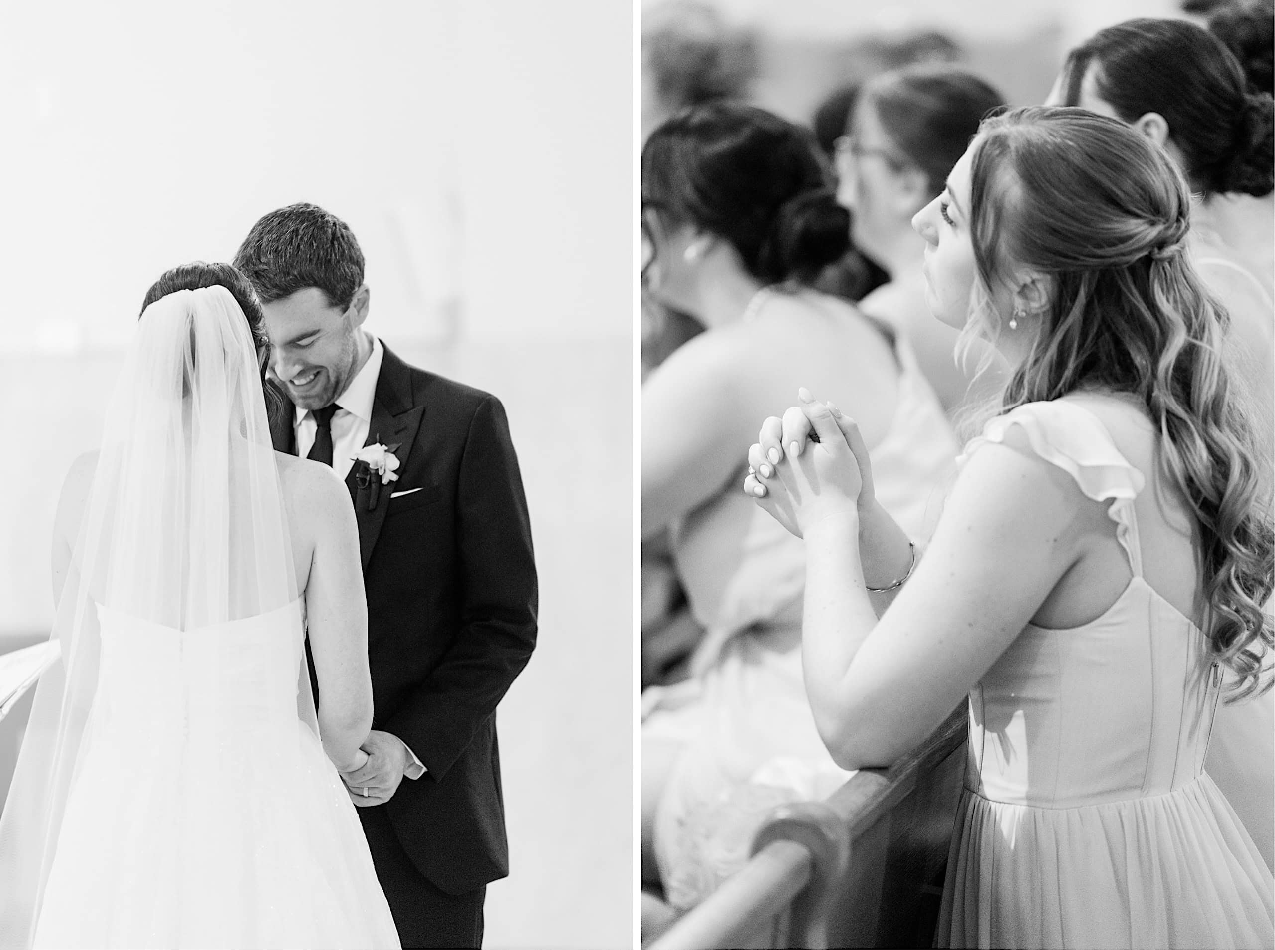 A bride and groom stand together holding hands at their The Ivy at Ellis Preserve spring wedding, while a woman in a light dress sits in a pew with her hands clasped, watching them.