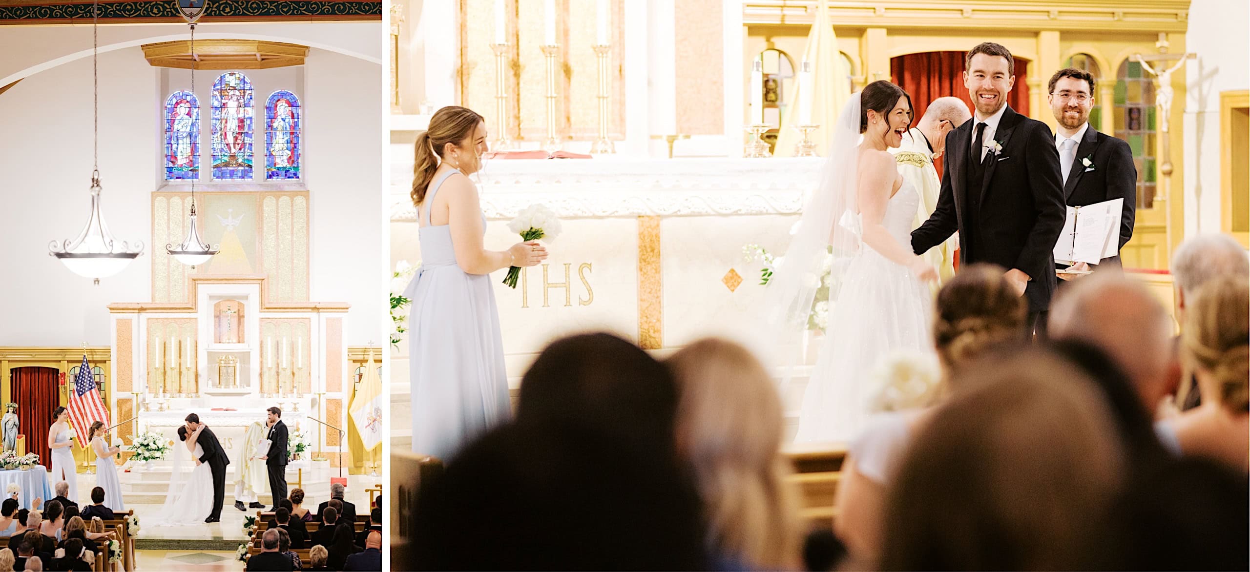 A bride and groom stand at the altar during a church ceremony, smiling at the congregation as bridesmaids and groomsmen look on—a perfect moment before their The Ivy at Ellis Preserve spring wedding celebration.