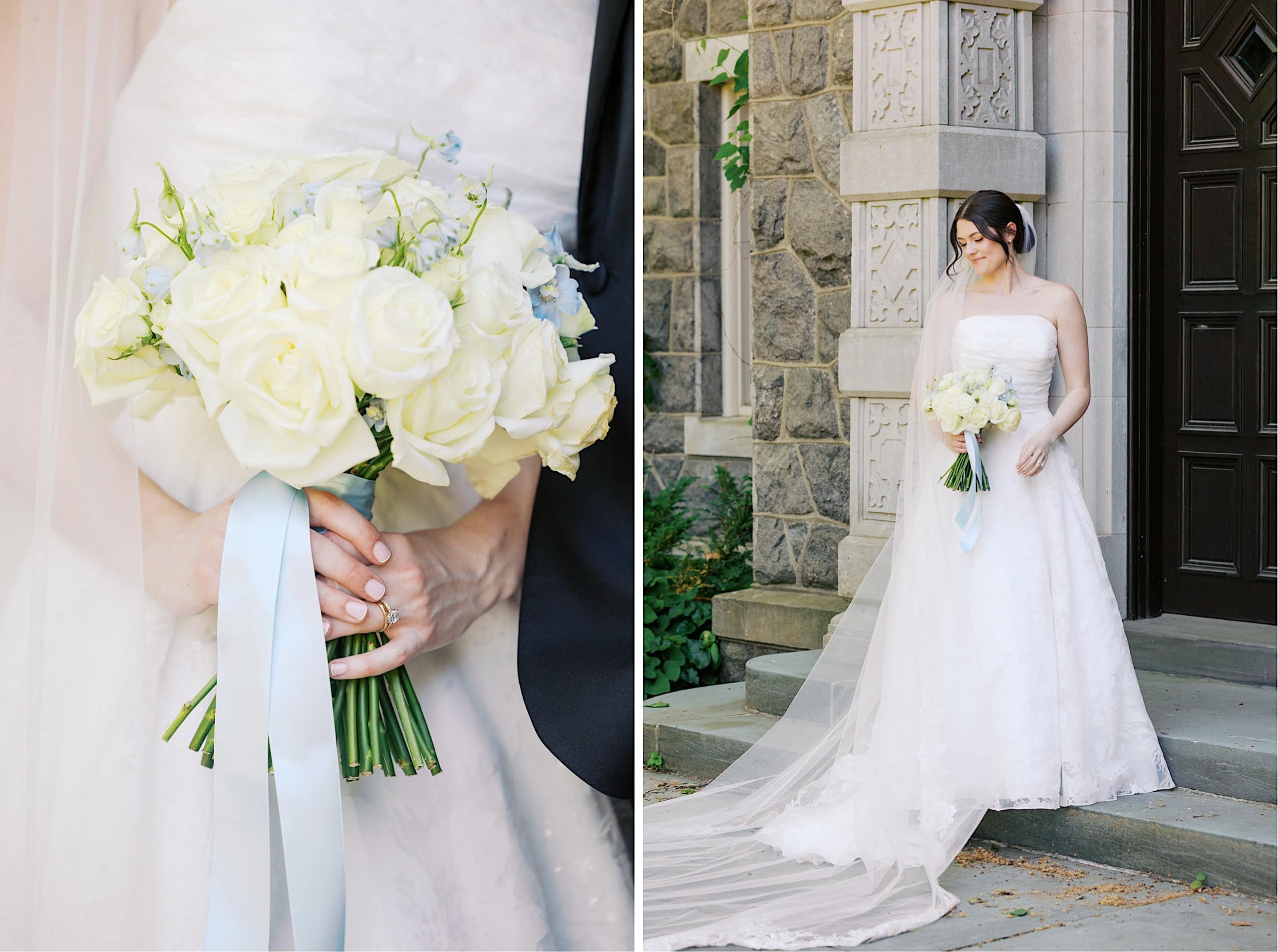 A bride in a white gown stands outside The Ivy at Ellis Preserve, holding a bouquet of white roses tied with a pale blue ribbon—perfect for a romantic spring wedding.