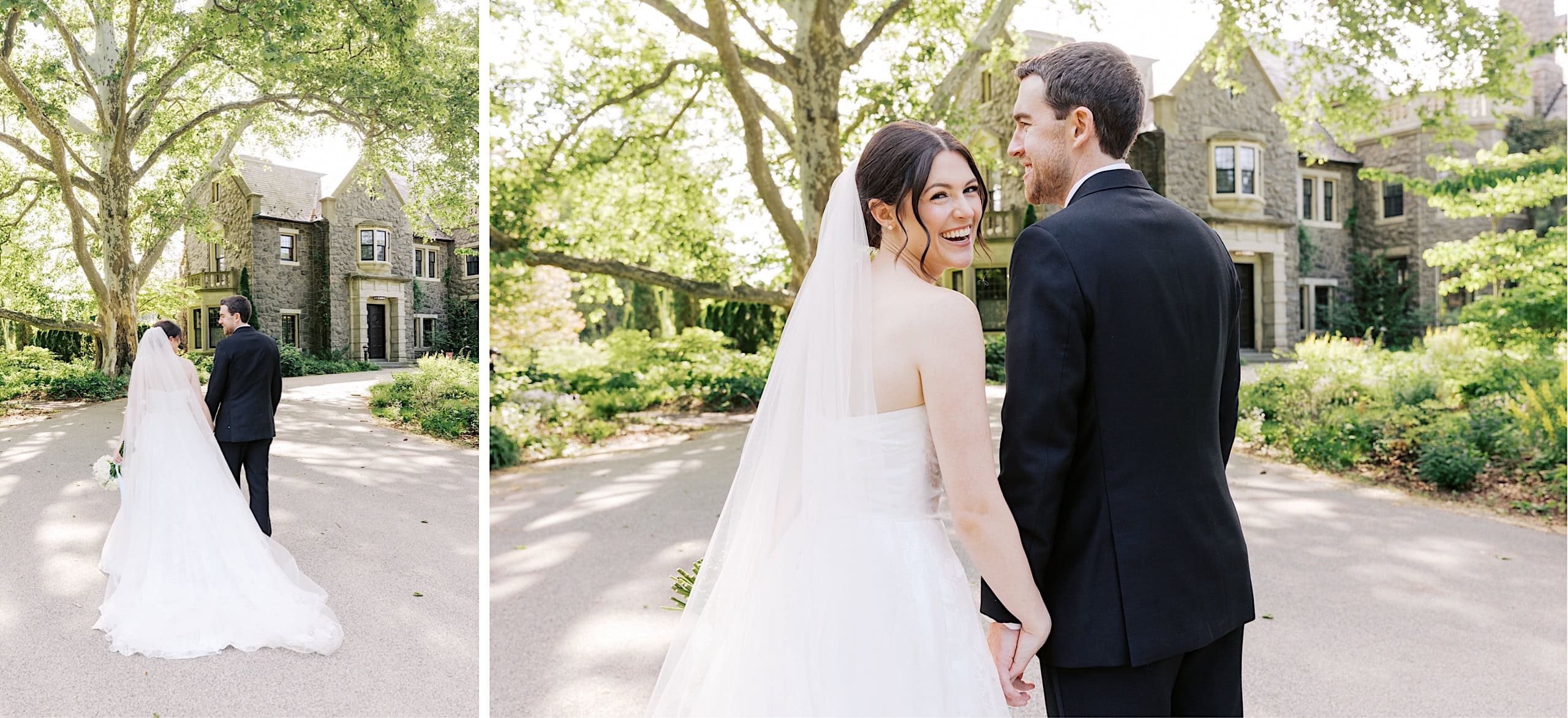 A bride and groom, dressed in a white gown and black suit, hold hands and smile outside The Ivy at Ellis Preserve, surrounded by trees and greenery on their beautiful spring wedding day.