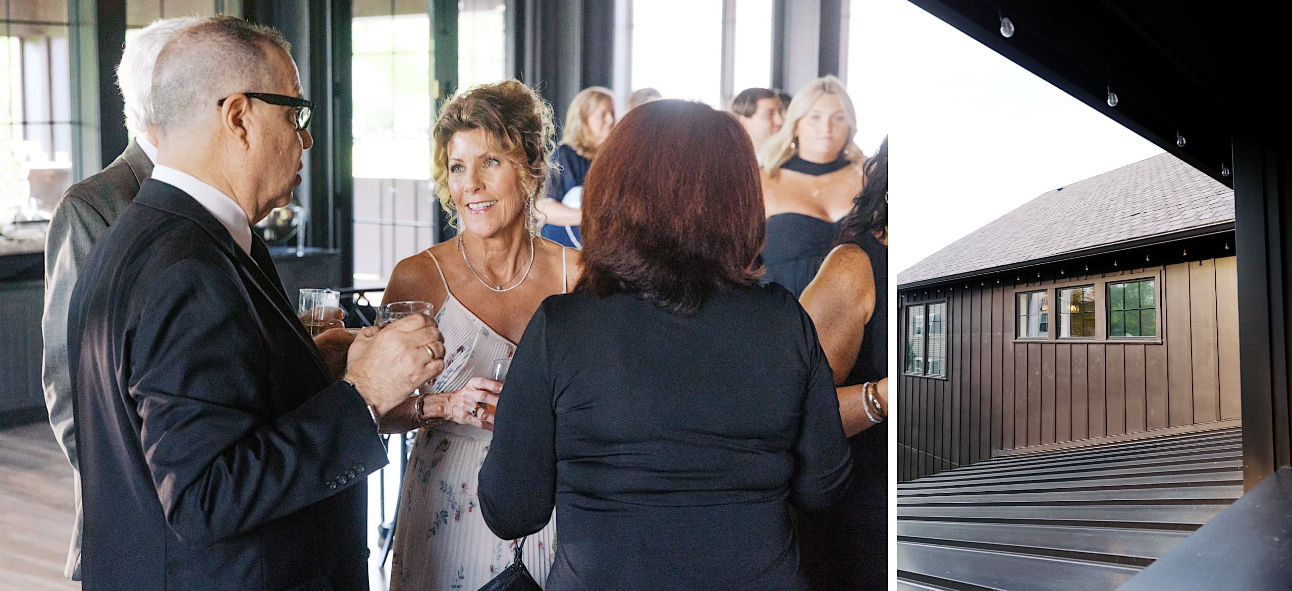 A group of people in formal attire stand and talk indoors at an event, with The Ivy at Ellis Preserve spring wedding taking place, and a view of a building exterior through a window on the right.