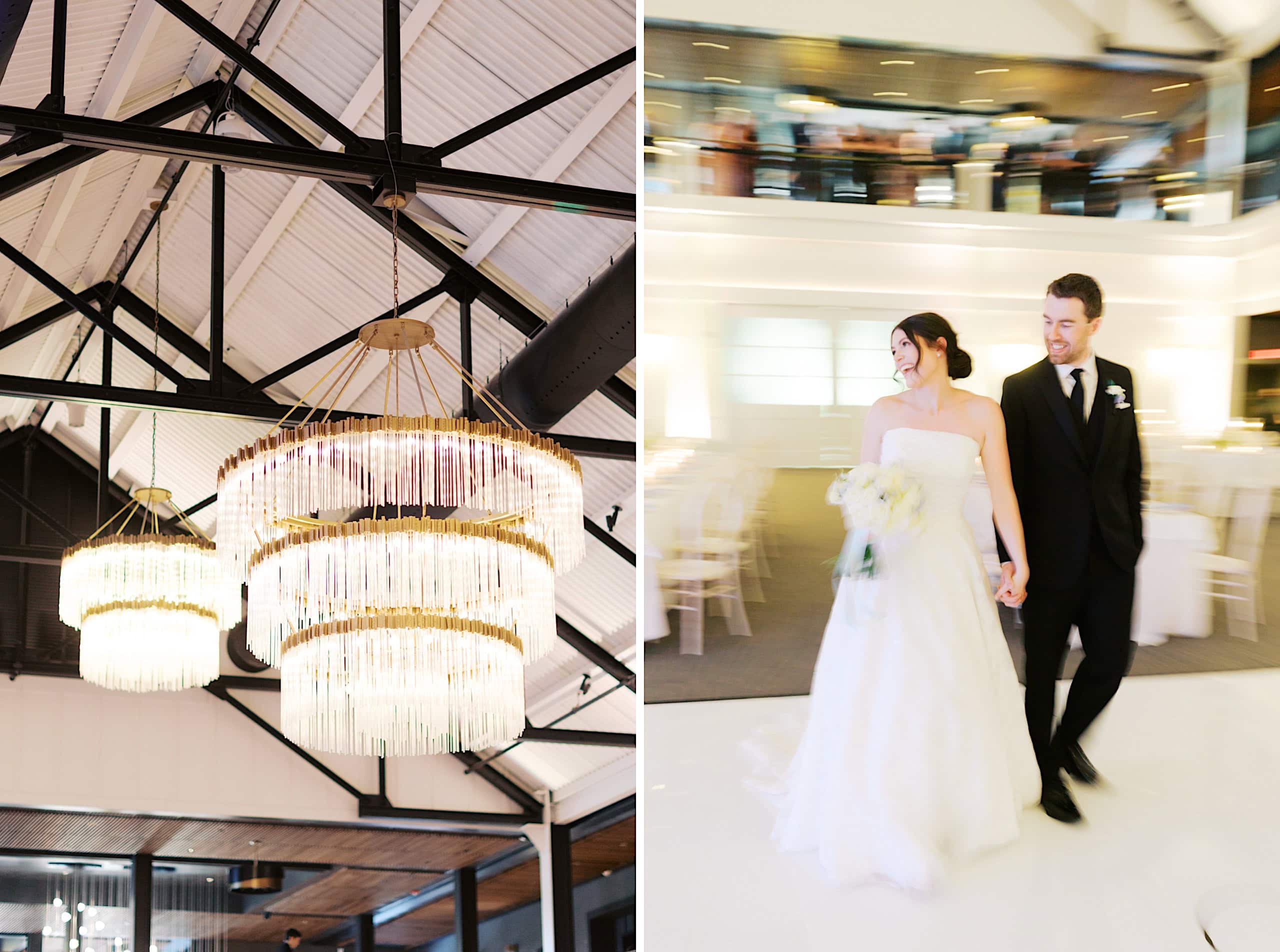 Left: Three large chandeliers hang from an exposed industrial ceiling. Right: A bride and groom, celebrating their The Ivy at Ellis Preserve spring wedding, walk hand in hand indoors, smiling with a blurred motion effect.