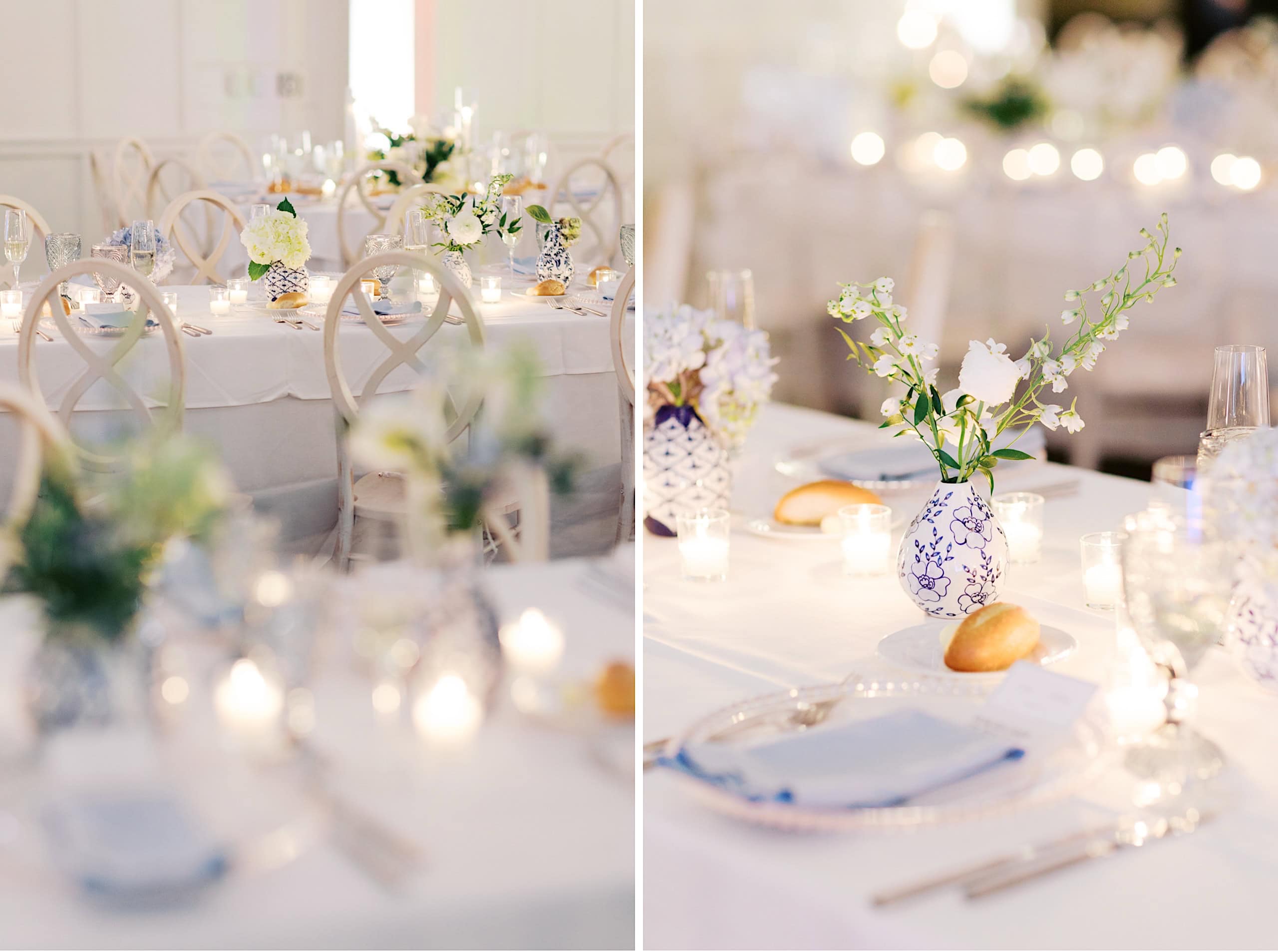 Elegant table setting with white tablecloths, floral centerpieces in blue and white vases, candles, glassware, and plates with bread rolls—perfect for a The Ivy at Ellis Preserve spring wedding.